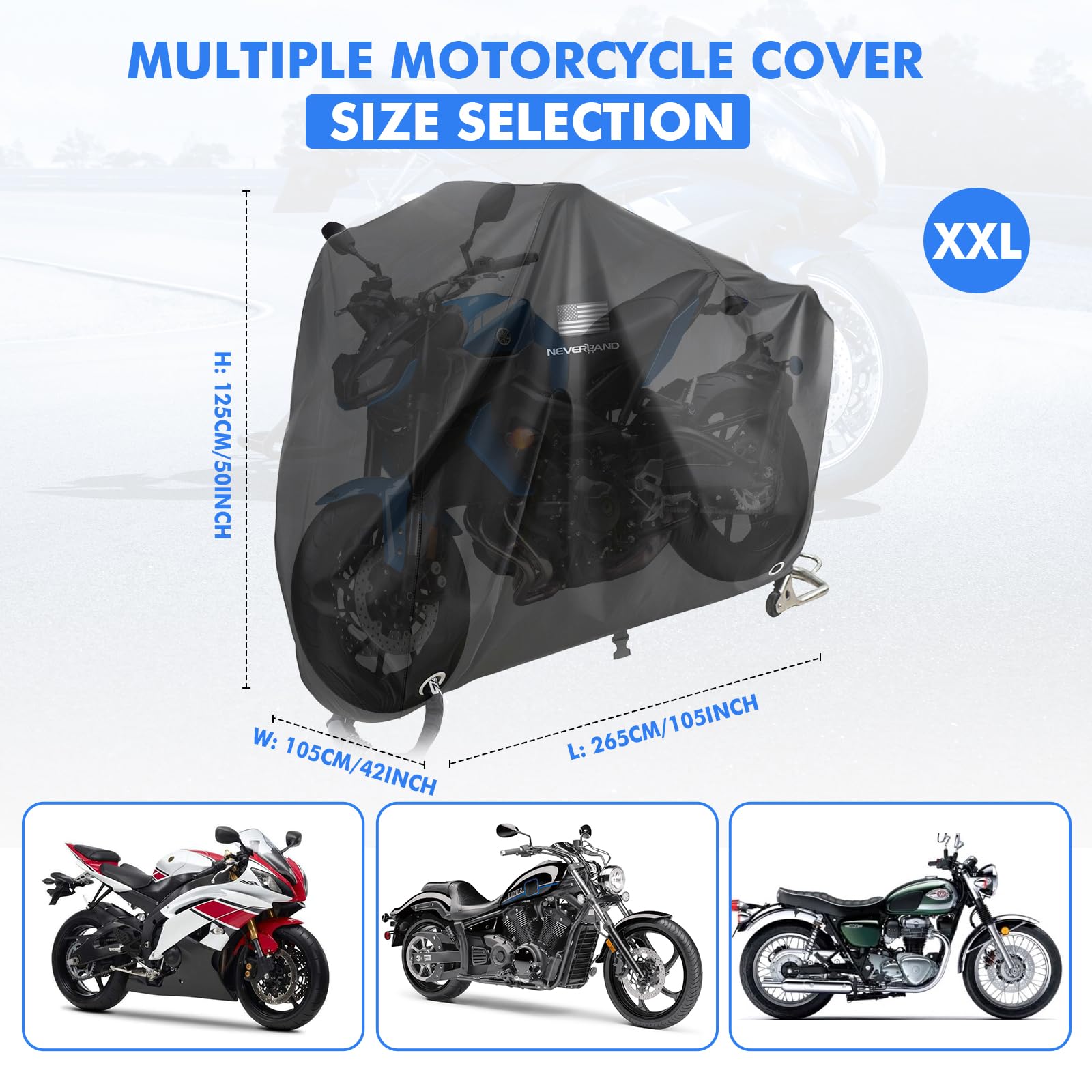 NEVERLAND Motorcycle Cover Waterproof Outdoor - Black Heavy Duty Scooter Cover, Motorbike Cover with Refletive Logo, Lock-Hole,