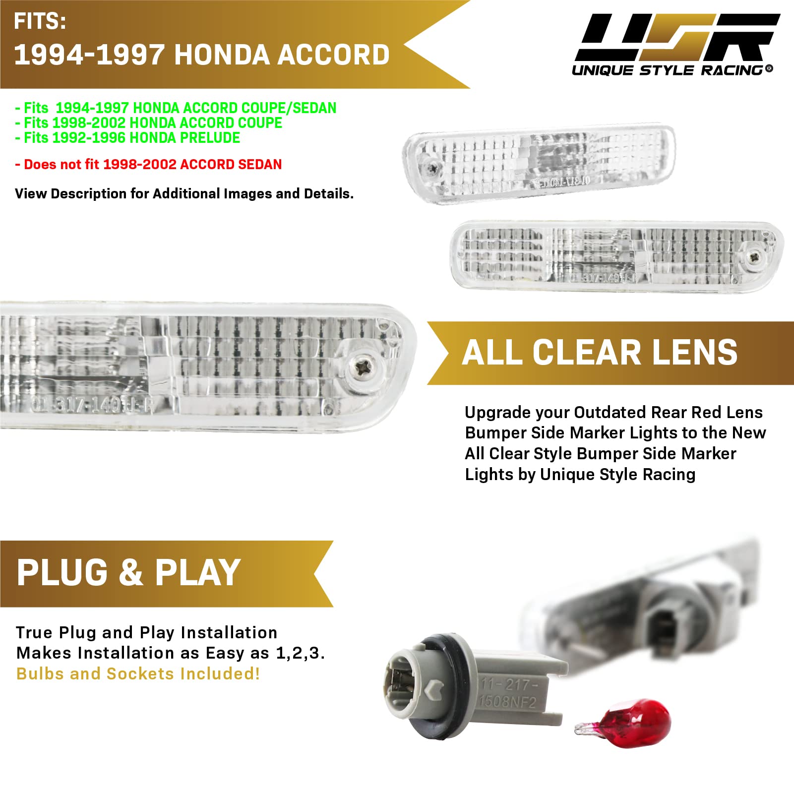 USR DEPO Rear Bumper Side Marker Lights (Left + Right) Compatible with 1994-1997 Honda Accord / 1992-1996 Honda Prelude / 1998-2