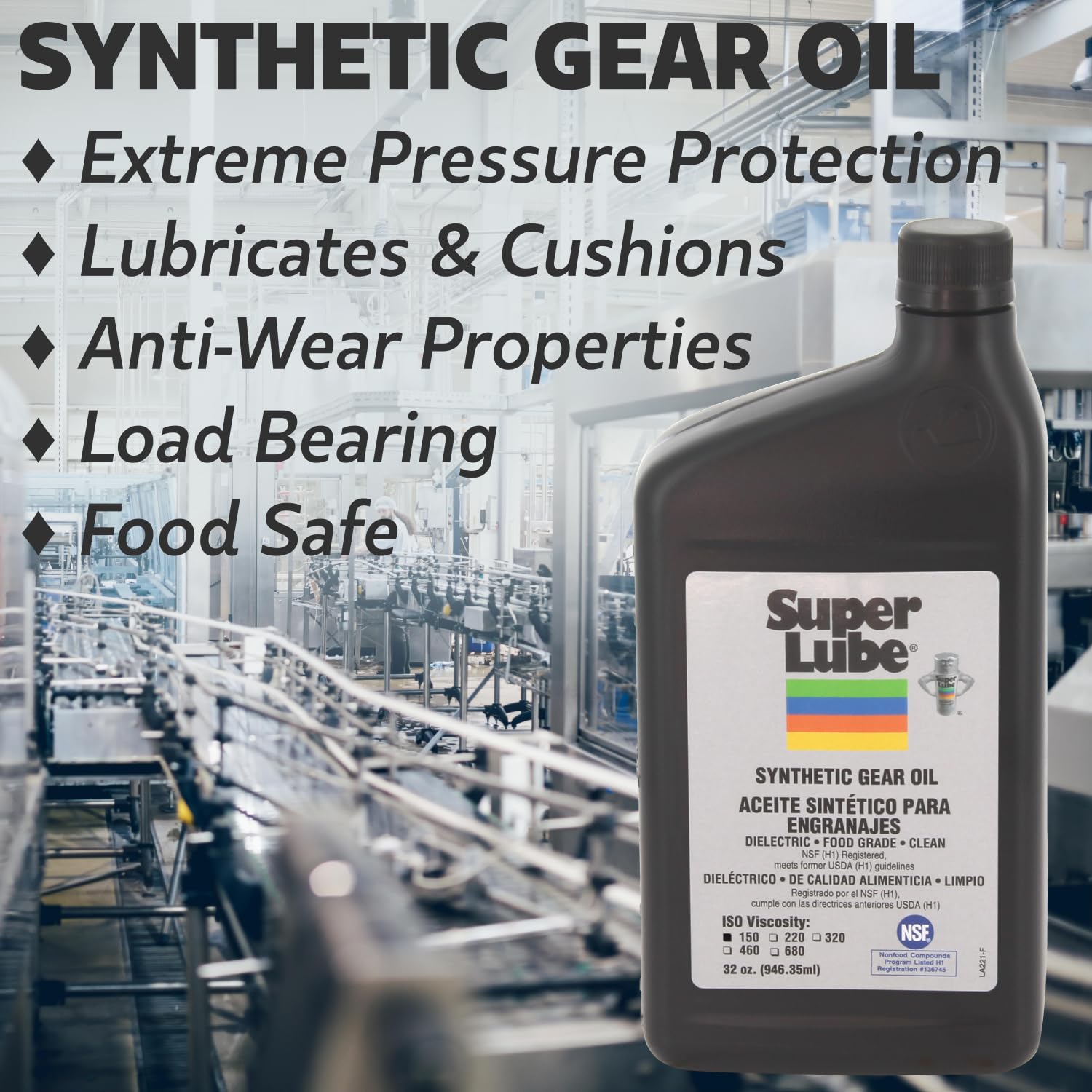 Super Lube Synthetic Gear Oil - ISO 150, 1qt Bottle, Translucent Amber, NSF Certified Food Grade, Heavy Film Lubrication
