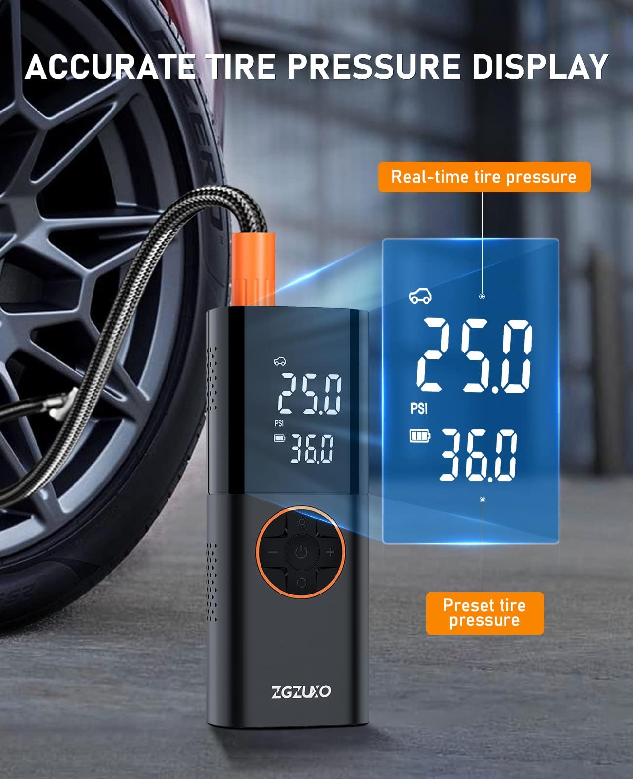 ZGZUXO Portable Tire Inflator - 150PSI Cordless Air Pump with Digital Gauge, LED Light, Red, Model CZK-3691