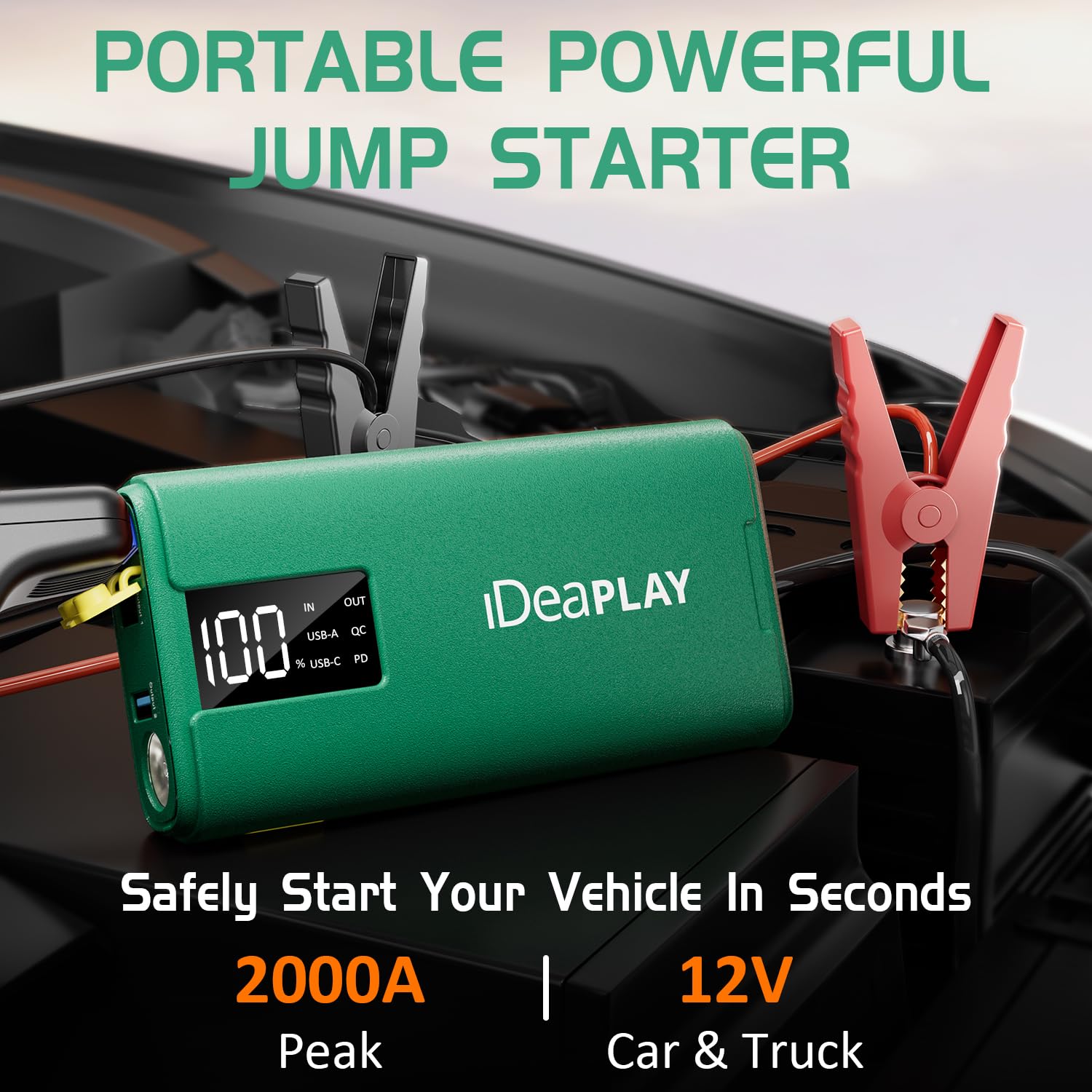 IDEAPLAY J10 Jump Starter - 2000A Portable Car Battery Jumper for 8.0L Gas & 7.0L Diesel Engines, Green, Type C Fast Charging, LED