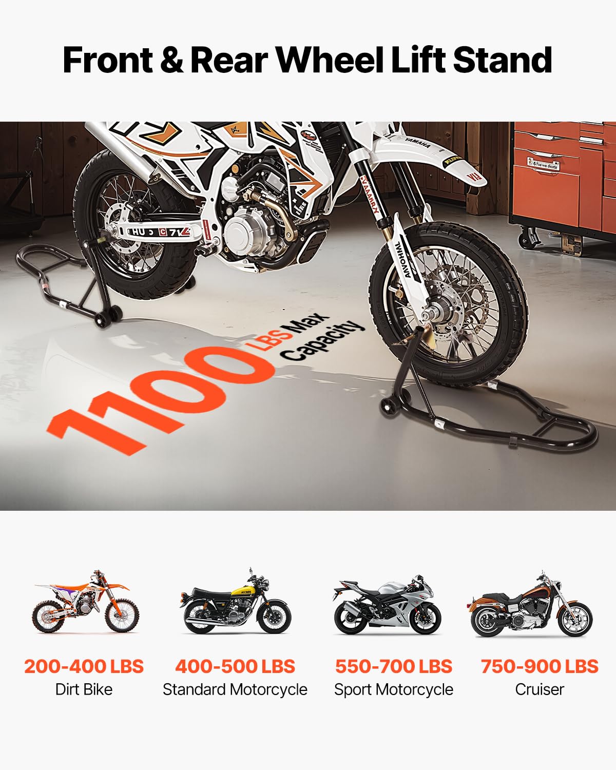 VEVOR Motorcycle Stand Lift, 1100lbs Capacity Front Rear Combo Stand Lift, Front Wheel Dual-Fork Stand, Rear U+L Fork Swingarm S