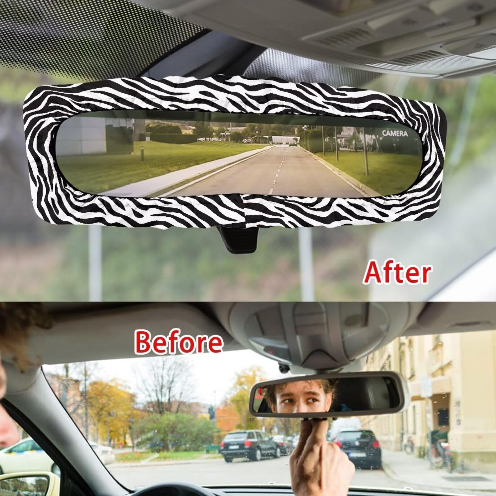 Huisefor Zebra Print Car Rear View Mirror Cover Interior Accessories For Women Fashion Elastic Rearview Mirror Sleeve Protector