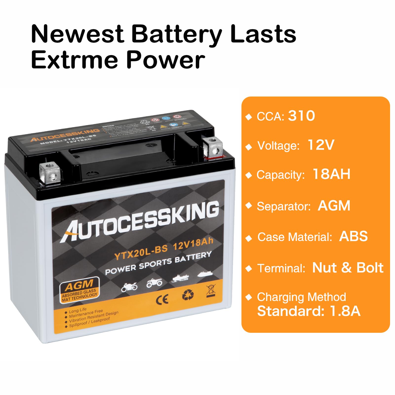 Autocessking YTX20L-BS 12V 18AH Sealed AGM Motorcycle Battery - Maintenance Free Powersport Replacement for ATV and Scooter