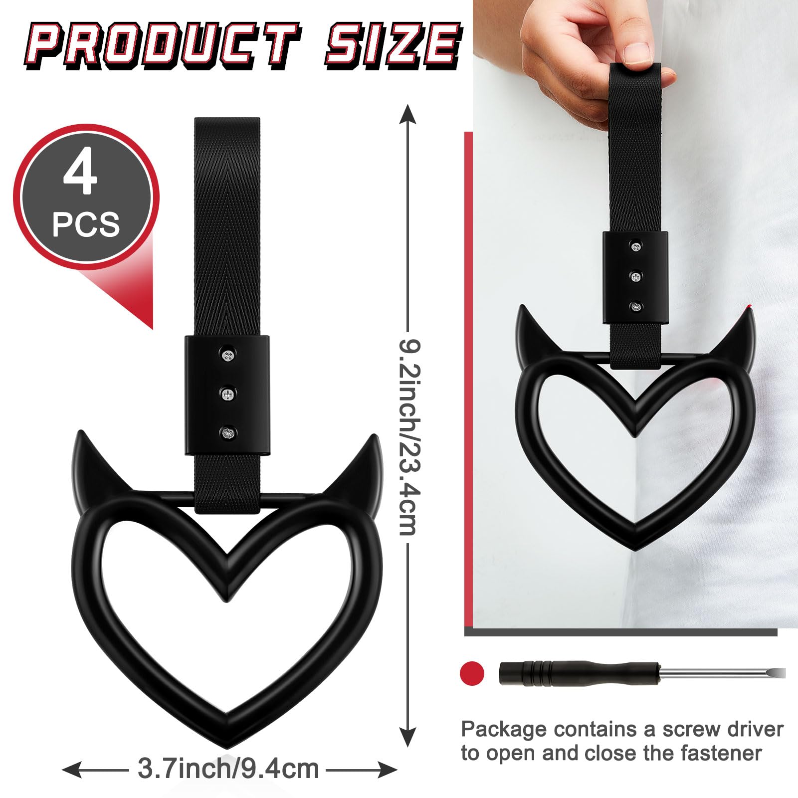 Fabbay 2 Pieces Heart Handle Keychains Car Accessory Heart Hand Strap Drift Charm For Car Interior Exterior Decoration(Black,Dev