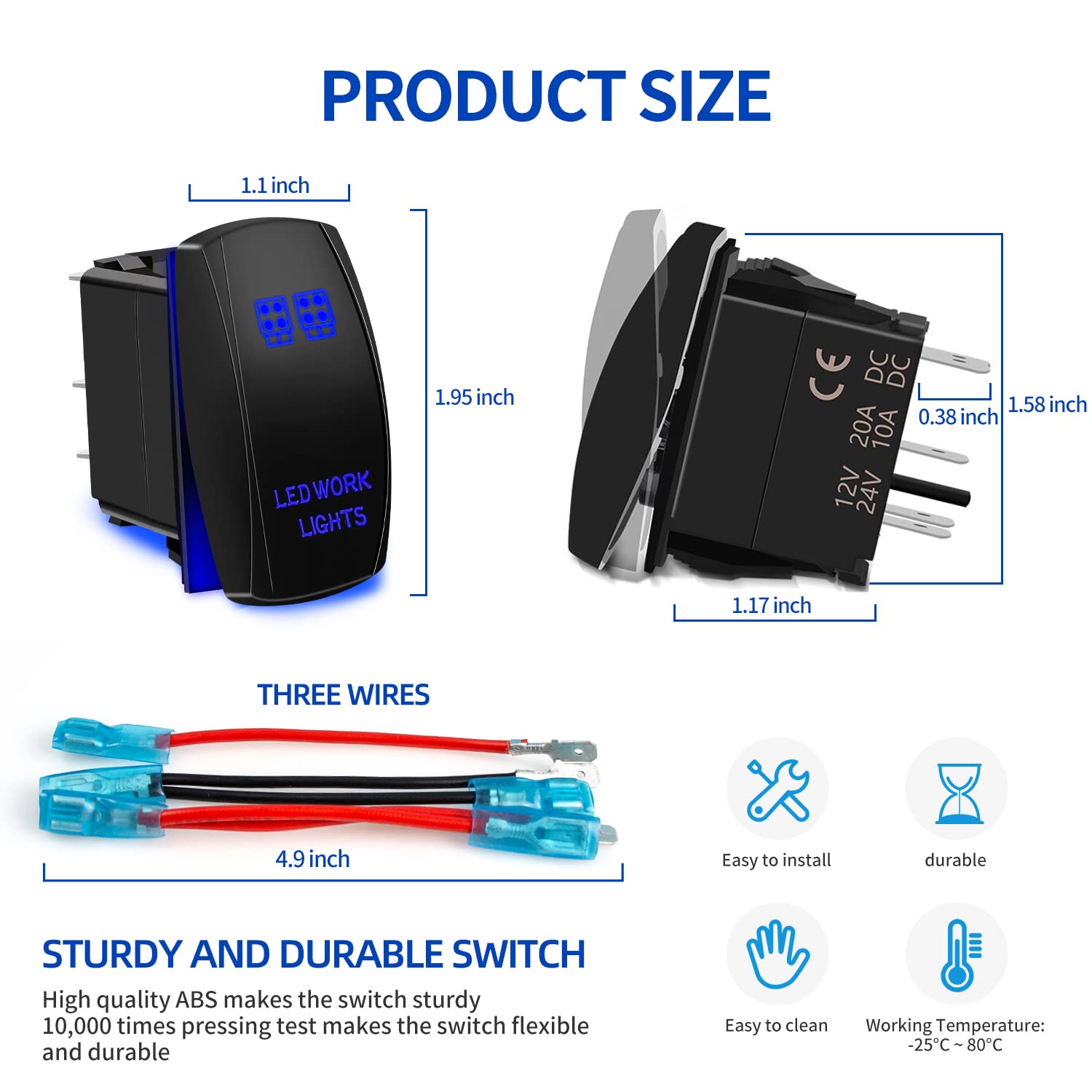 Led Work Lights Bar Rocker Switch 5Pin Laser On/Off Blue Led Light 20A/12V 10A/24V Toggle Switch With Jumper Wires Set For Autom
