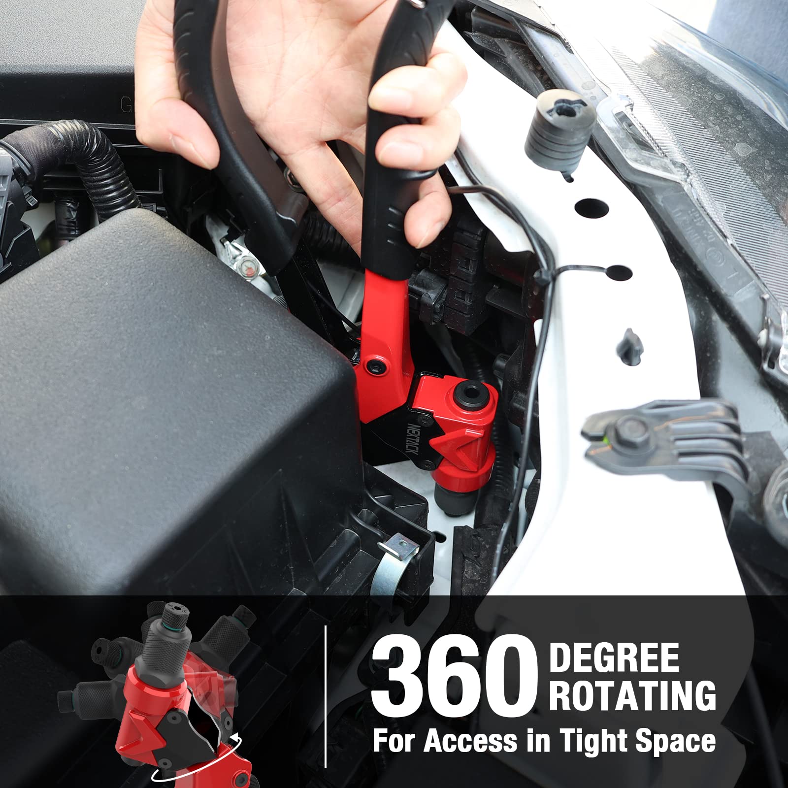 NEXTACK Heavy Duty Rivet Gun Kit NT200, 360° Swivel Head, 200 Rivets, 4 HSS Drill Bits, Rugged Carrying Case, Black Red