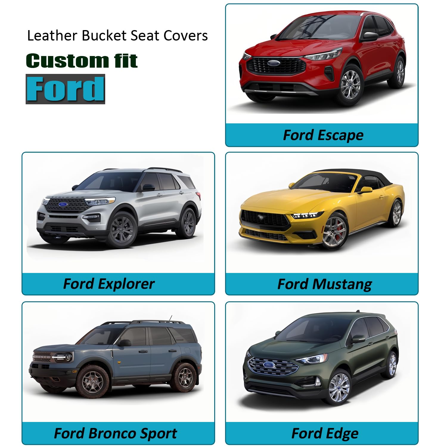 GIANT PANDA Front Car Seat Cover for Ford, Leather Bucket Seat Covers Custom Fit Ford Escape Explorer Edge Mustang Bronco Sport