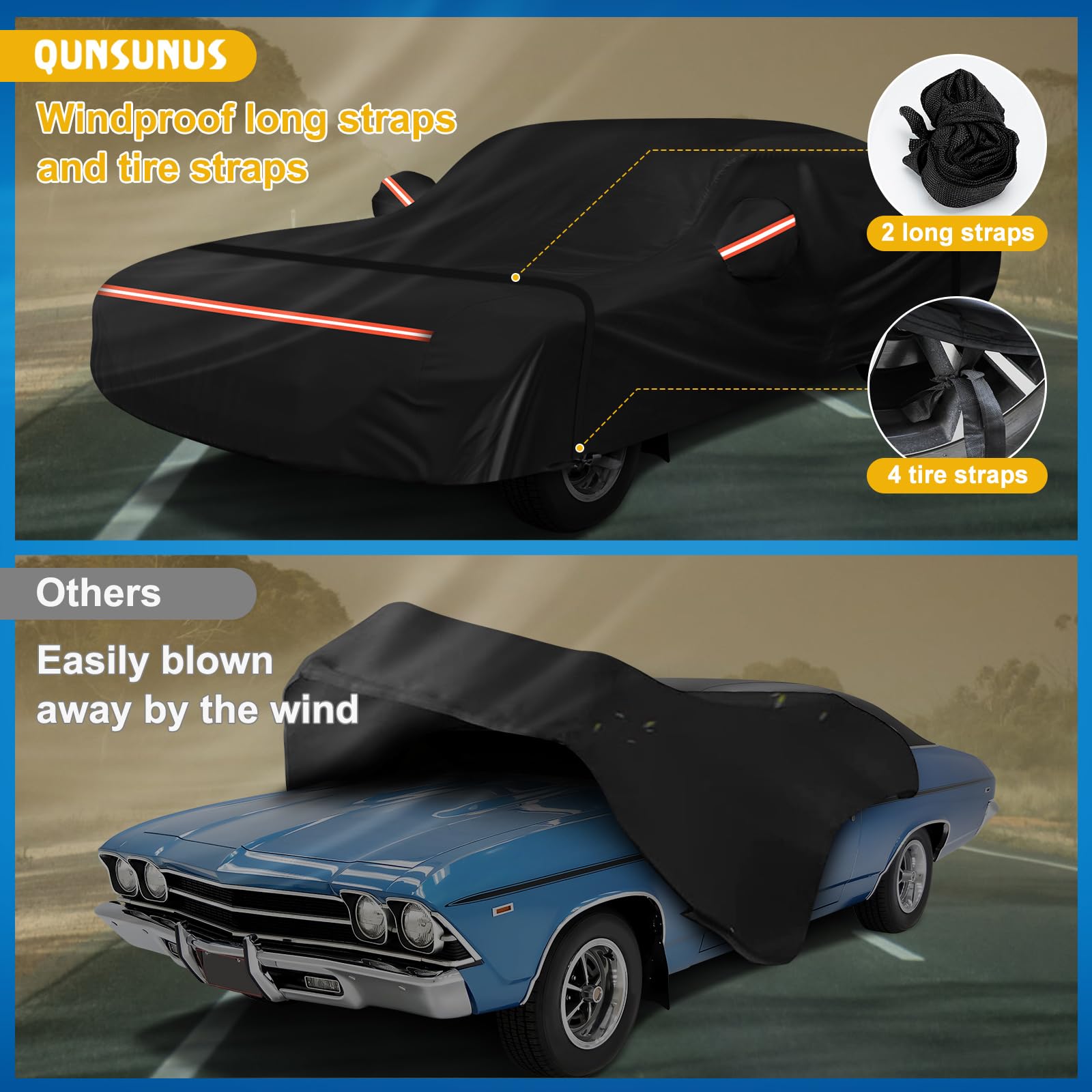 Q QUNSUNUS Waterproof Car Cover for Chevelle Malibu SS 1964-1972, All Weather Protection with Zipper, UV and Dust Shield