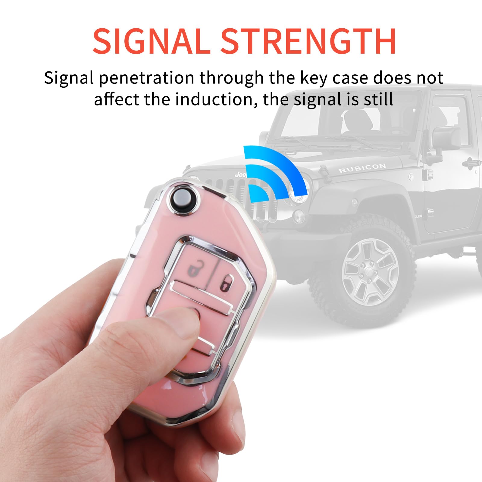 Pangpai TPU Key Fob Cover for Jeep Gladiator/Wrangler, Pink with Bling Keychain, Fits 2018-2022 Models