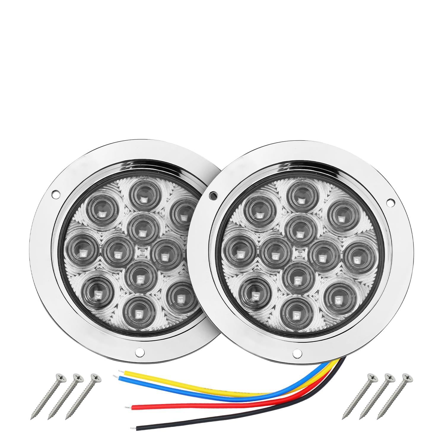 TMH 2 Pack of 4 Inch Round Clear Lens Red LED Flashing Strobe Trailer Tail Lights, 12 LED with Chrome Housing, Strobe Solid Flas