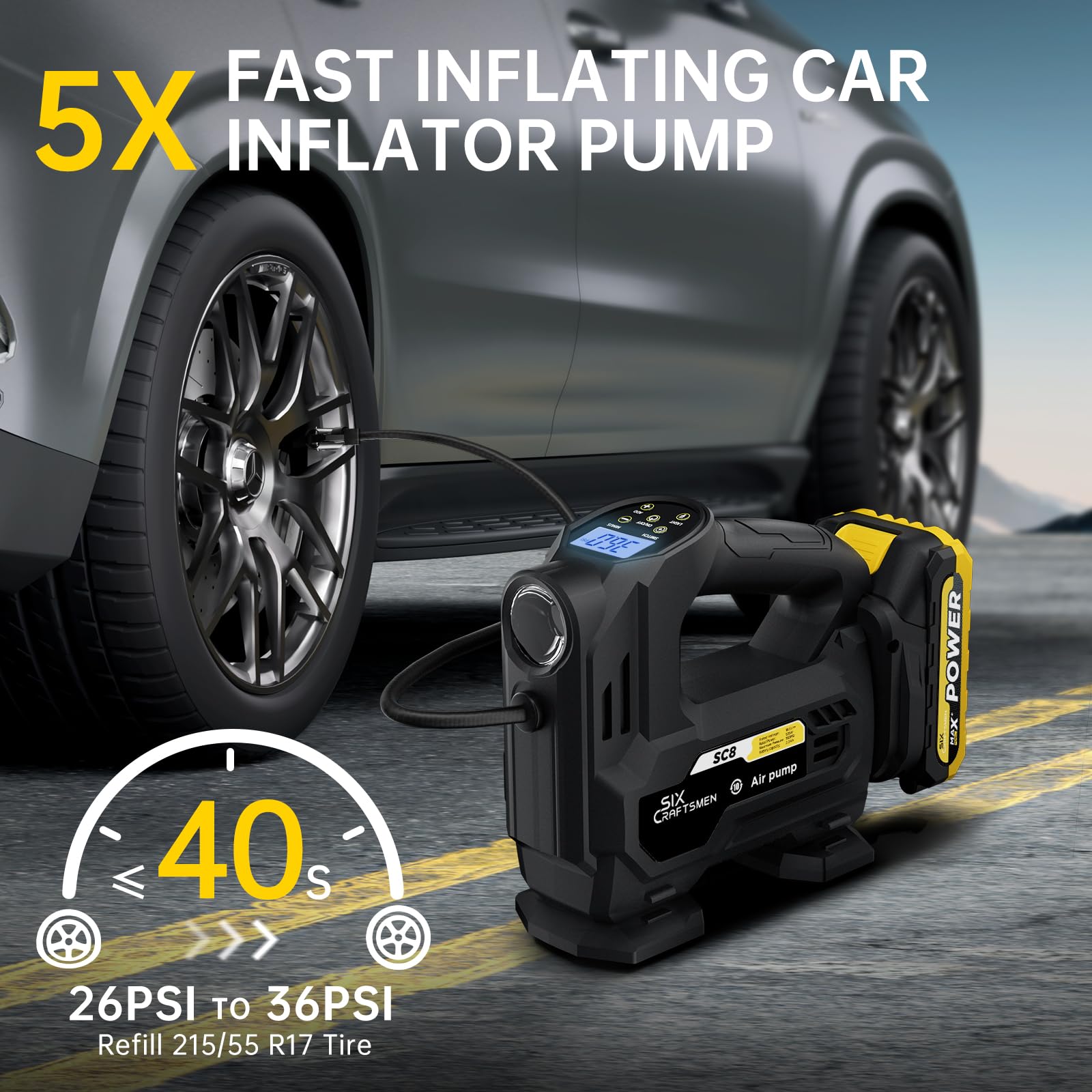 Six Craftsmen Tire Inflator Portable Air Compressor, 20V Cordless Car Tire Pump with LED Light&Gauge, 150PSI Automotive Car Acce