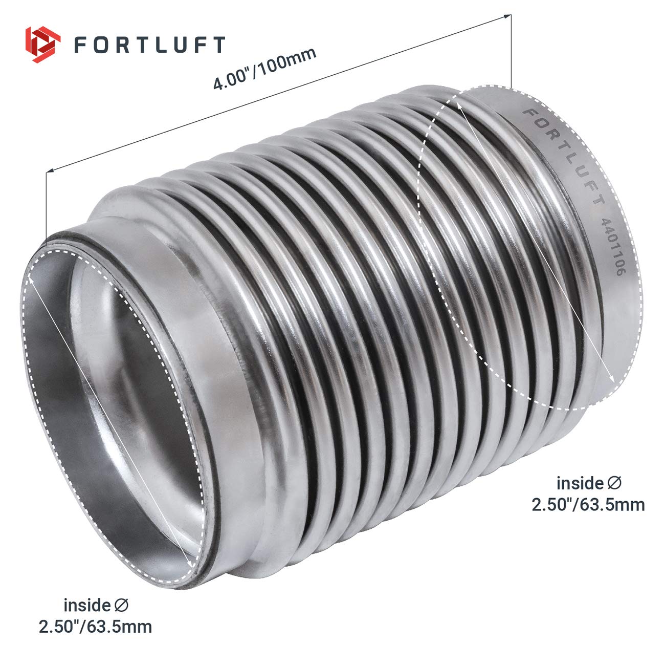 FORTLUFT Exhaust Flex Pipe - Stainless Steel Bellows, 2.50''x4.00''/63.5x100mm, Model 25r3rrqwss