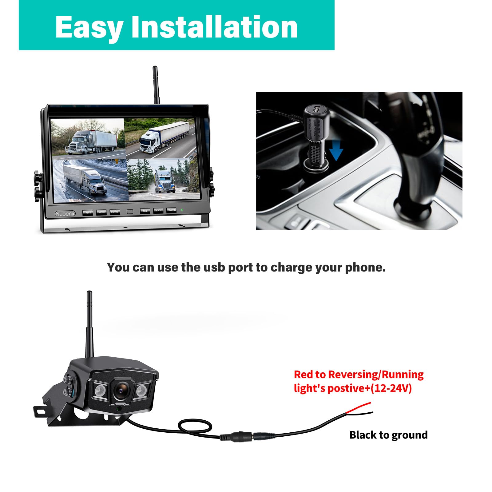 Nuoenx 10'' Wireless Backup Camera System, Hd 1080P Digital Rear View Side View Cameras 10 Inch Quad Split Loop Recording Monito