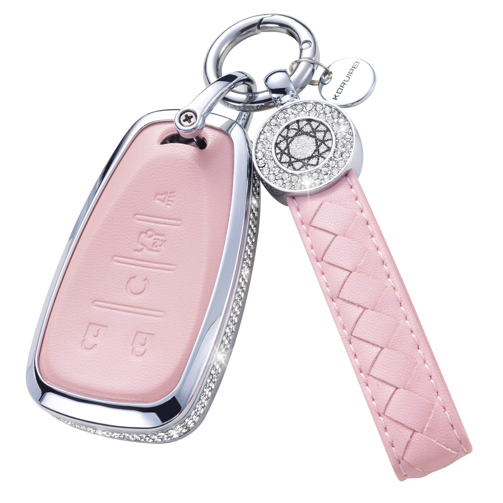 Ruabiban For Chevy Key Fob Cover With Keychain, Pink Leather Key Case Protection Shell Fit For Chevrolet Equinox Malibu Cruze Ca
