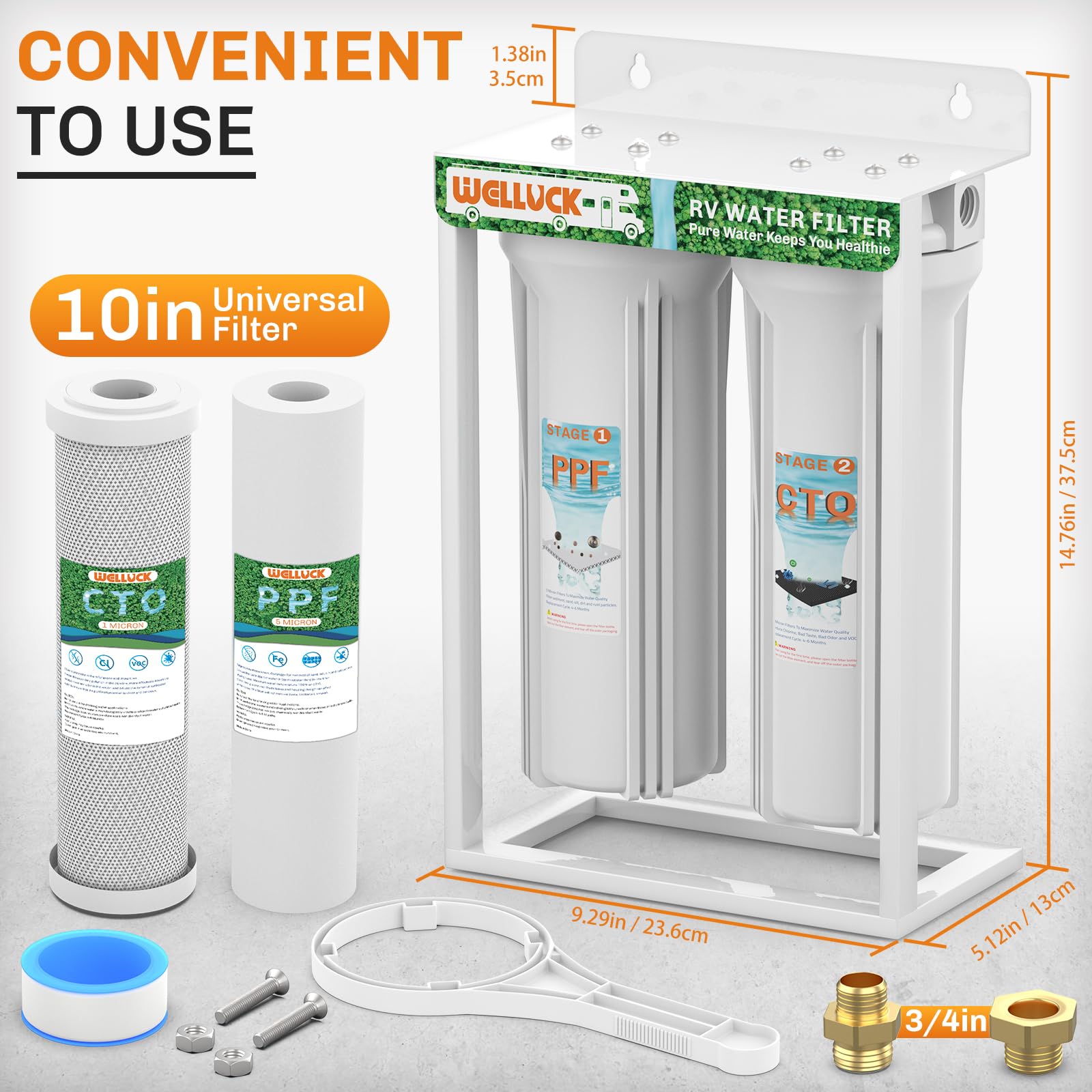 WELLUCK RV Dual Water Filter System - 2PC Kit with Mounting Bracket & Leak-Proof Brass Fittings for Camping & Marine Drinking Water