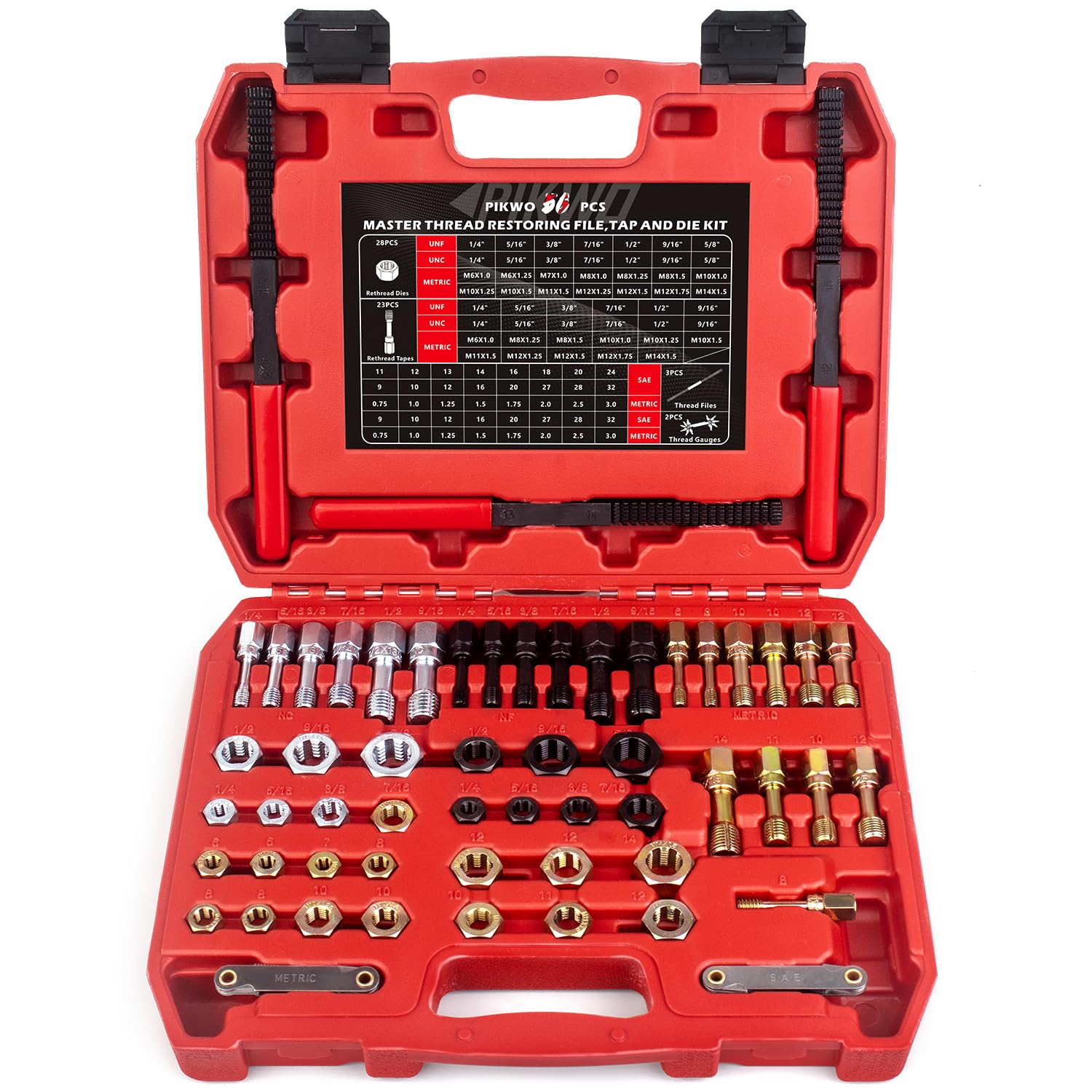 Pikwo 45Pcs Thread Restorer Kit, Rethread Repair Tool, UNC UNF & MetricThread Chaser Set with Thread Pitch Gauge