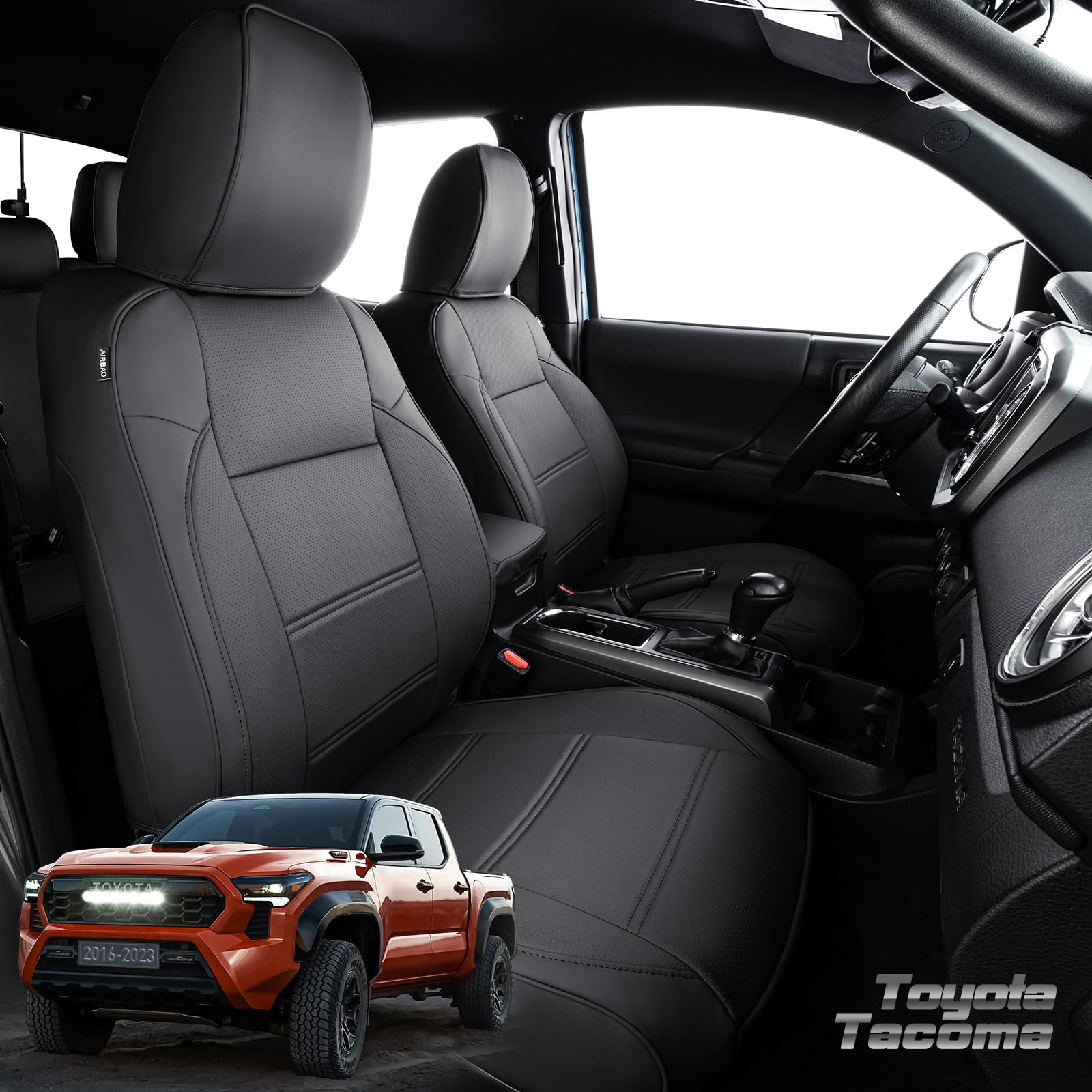 Drcarnow Super Cover® For Toyota Tacoma Seat Covers 2016-2022 2023,Fit For Tacoma Crew Cab/Double Cab (Black And Gray) Waterproof Leather Accessories(Not Fit The Fourth Generation For Toyota Tacoma)