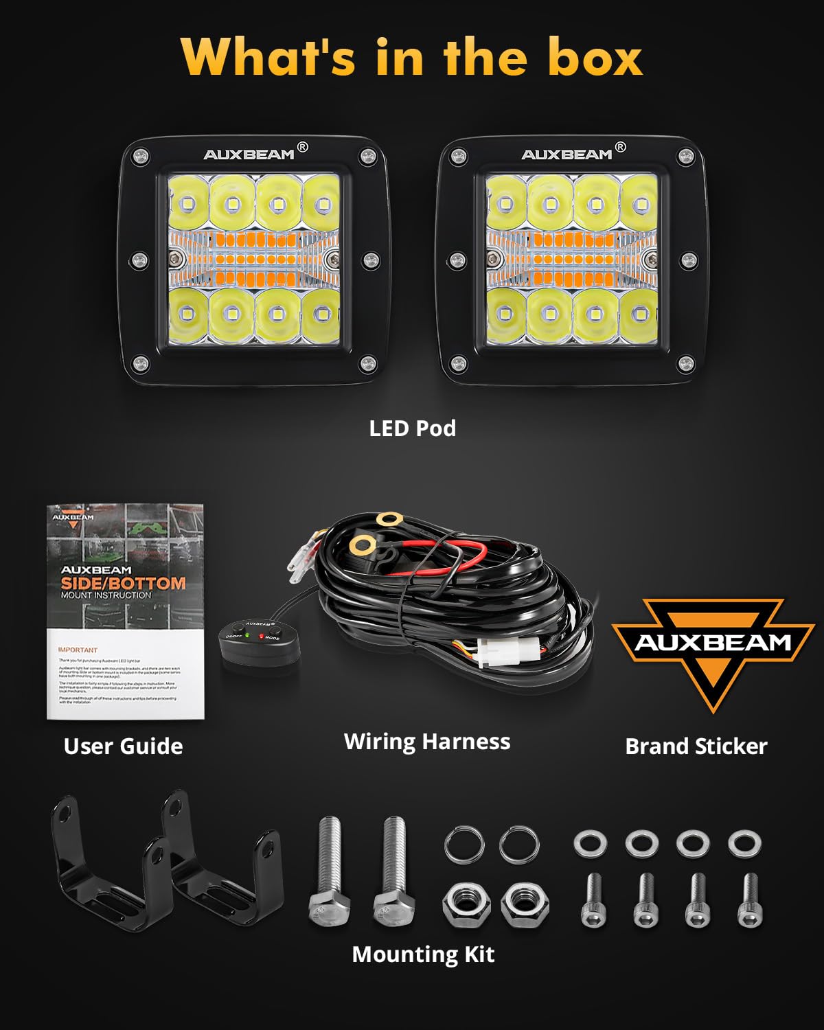 Auxbeam 3-Inch LED Amber Light Pods, 72W Strobe Bar, Dual Color Amber White, Polycarbonate, Model ZDVE000650-FBA