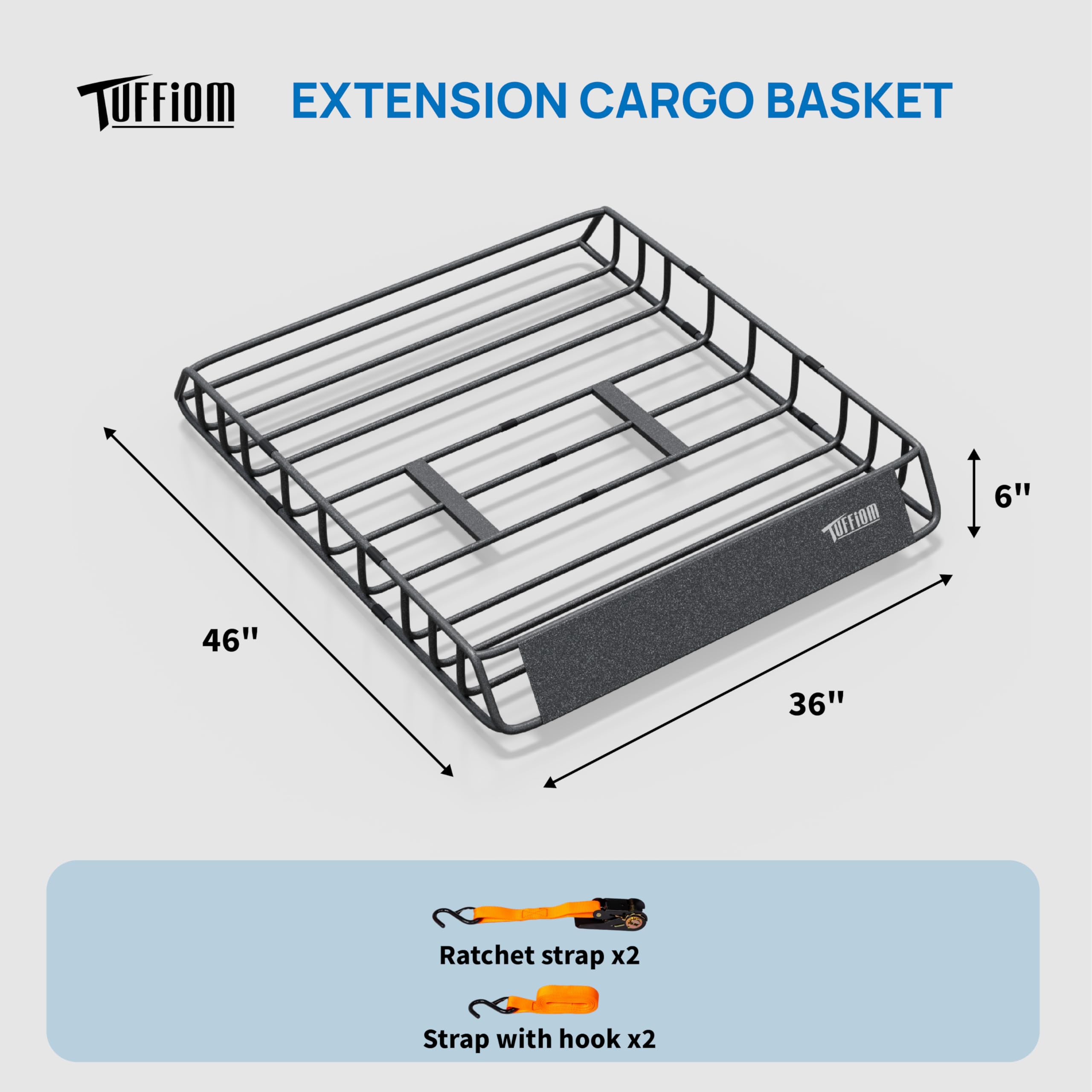 TUFFIOM Rooftop Cargo Carrier Basket, Heavy Duty Steel, 46"x36"x6", Dark Grey, Model 46RoofCarrier-59, Includes 4 Straps with Hook