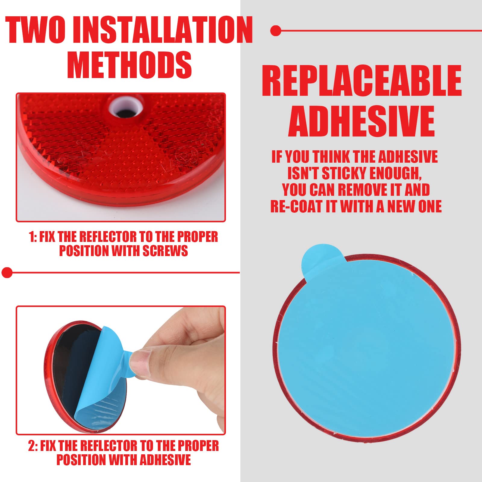 Kingdder 48 Pcs Round Reflectors for Driveway & Gate Posts, Red, Model Kingdder-Reflector-98, with Center Mounting Holes
