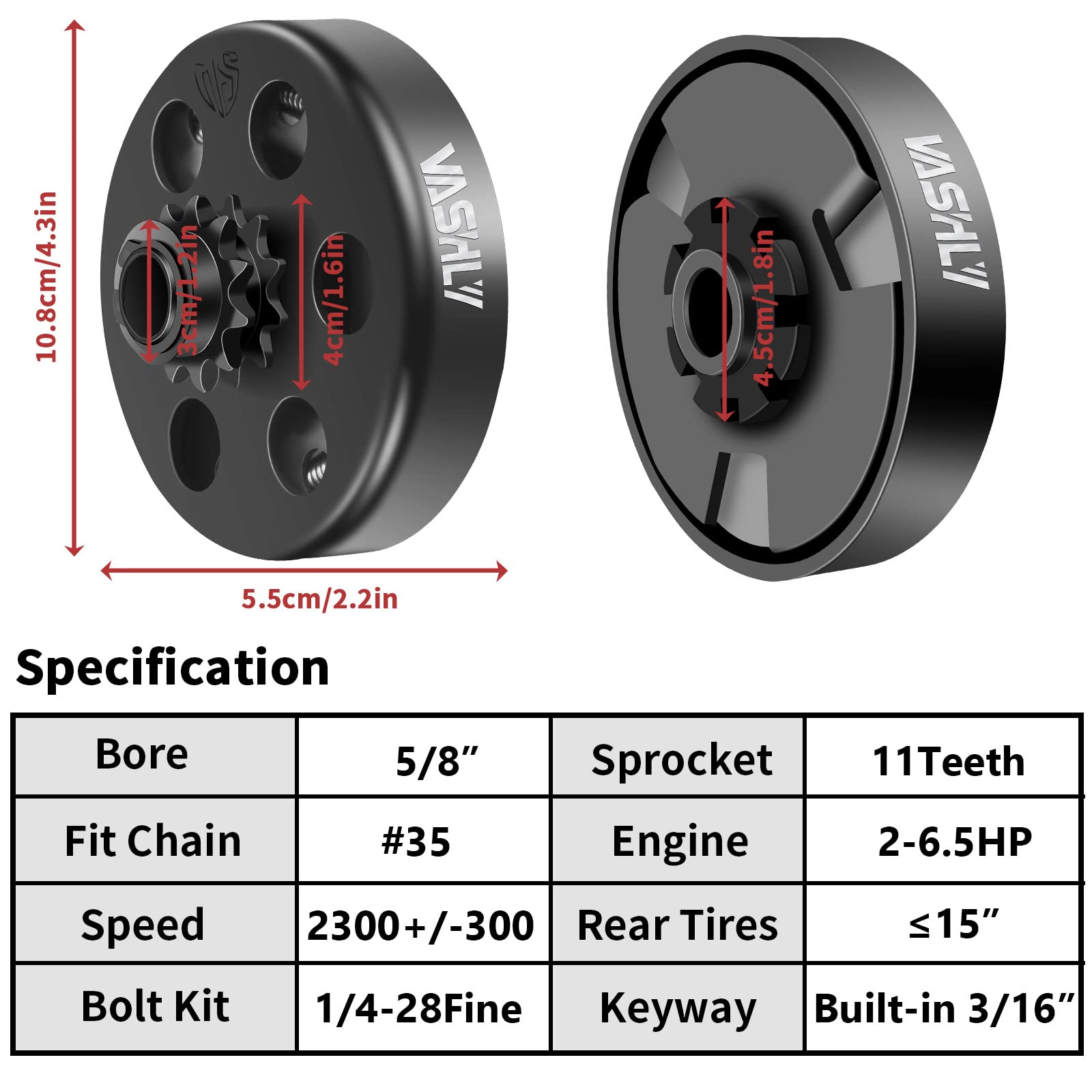 Vashly Go Kart Clutch 11T 5/8" Bore for #35 Chain - Perfect for Predator 212, Minibike, Fun Kart Engine