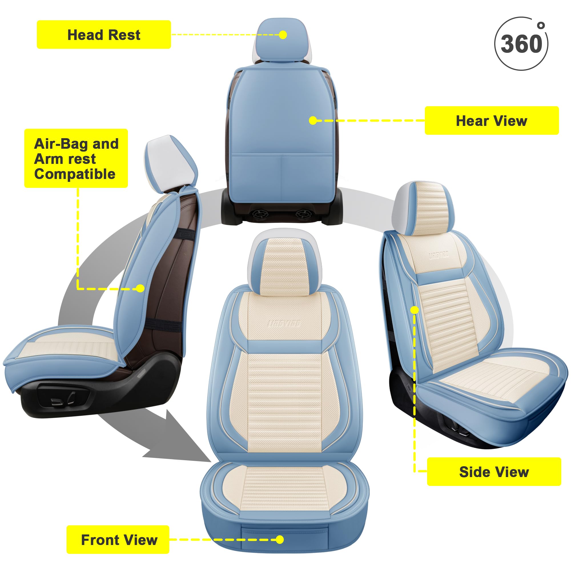 LINGVIDO Universal Car Seat Cover - Breathable Faux Leather, Waterproof, Front Size, White & Light Blue, Model Lingzhu01