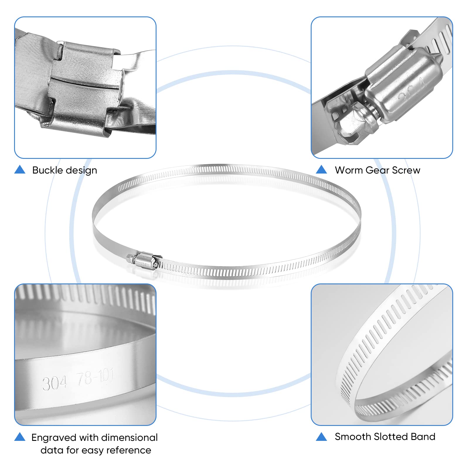 Ticonn 6Pcs Hose Clamp Set - 8'' 304 Stainless Steel Worm Gear Hose Clamps For Pipe, Intercooler, Plumbing, Tube And Fuel Line