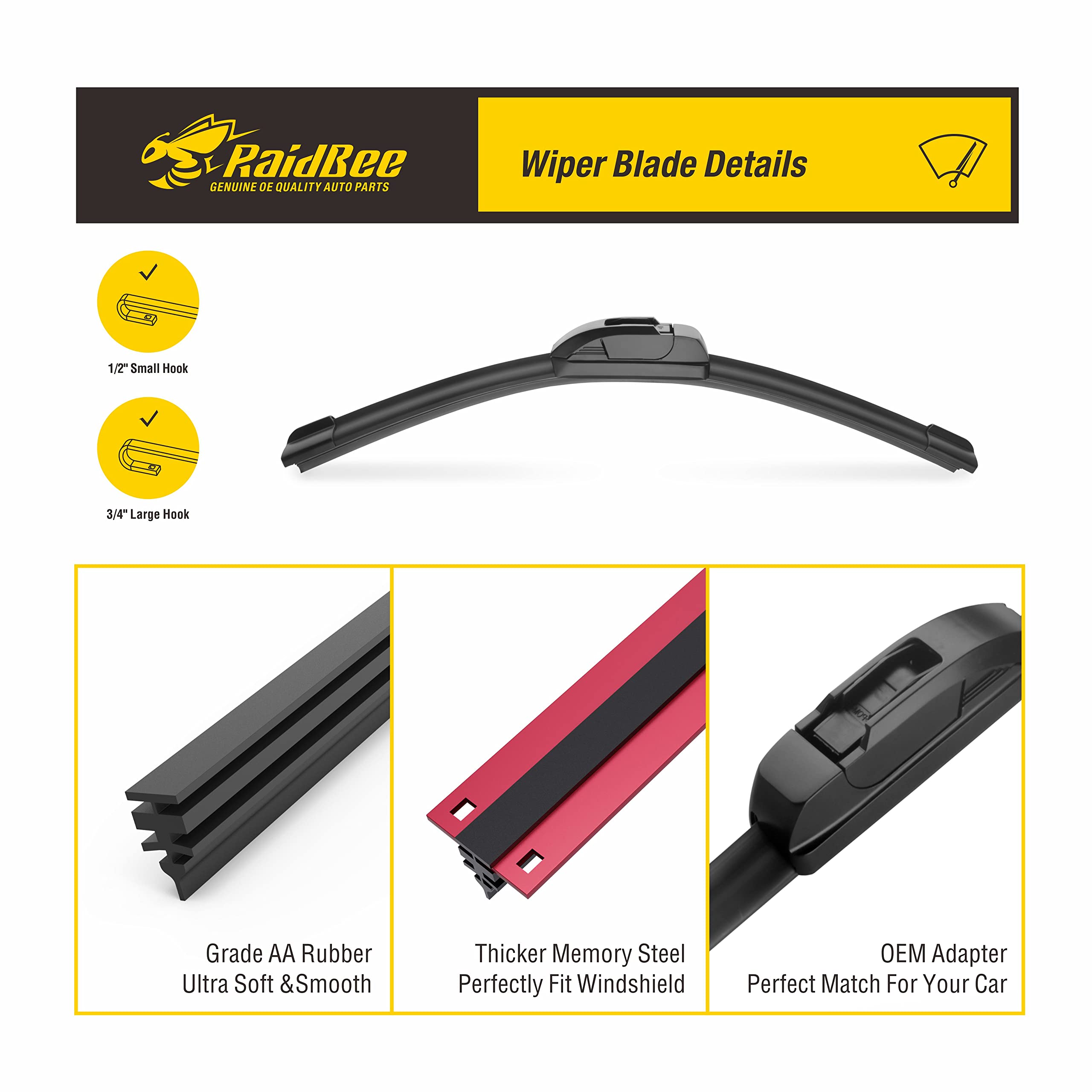 Raidbee Oem Windshield Wipers,Wiper Blades Replacement For Kia Sorento 11-15,Soul 10-20,Ev 15-19 Beam And Rear Windshield Wipers
