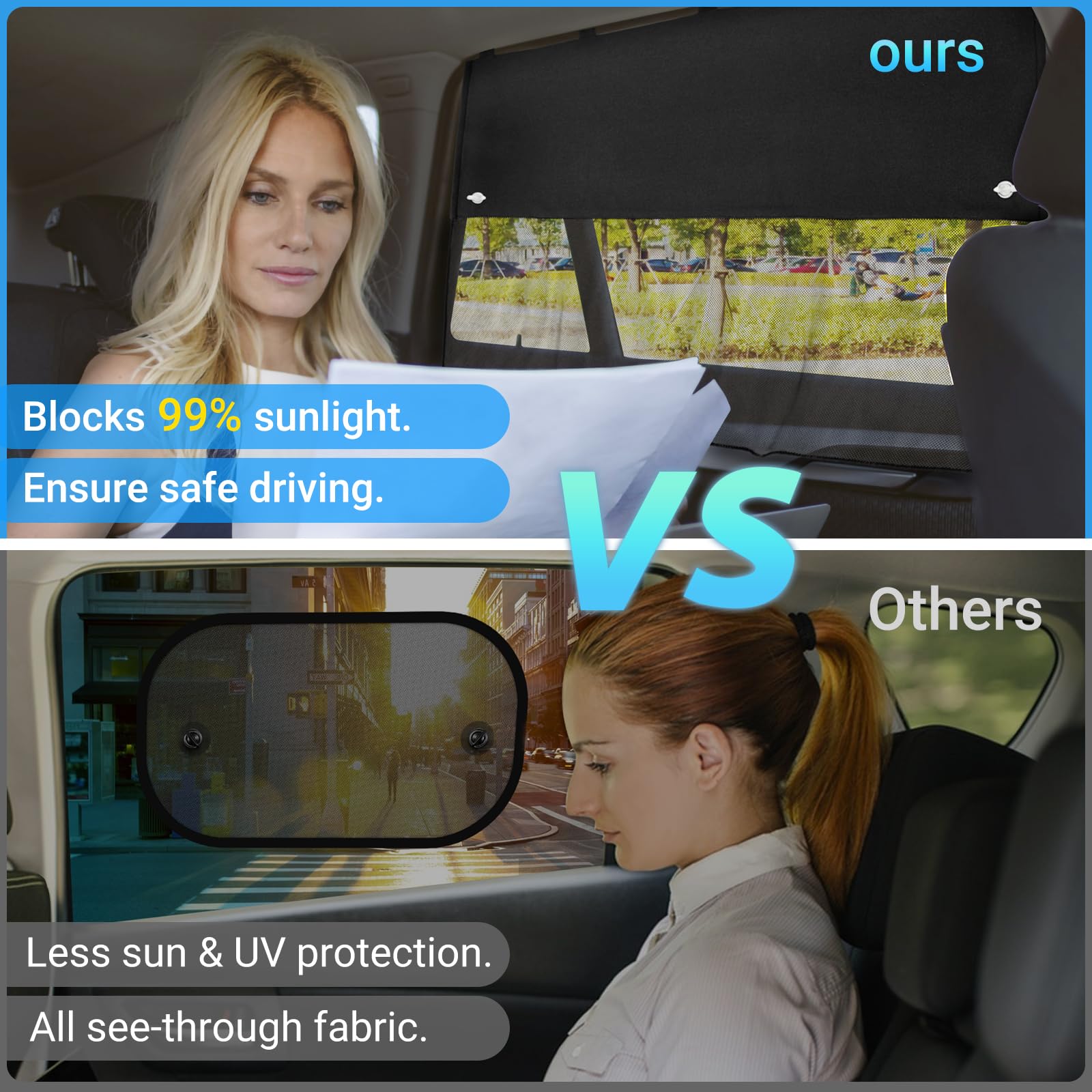 Car Window Shades, 2 Pcs Half Blackout & Half See-Through Magnetic Sun Shade For Rear Window Covers With Fixed Suction Cups,Car