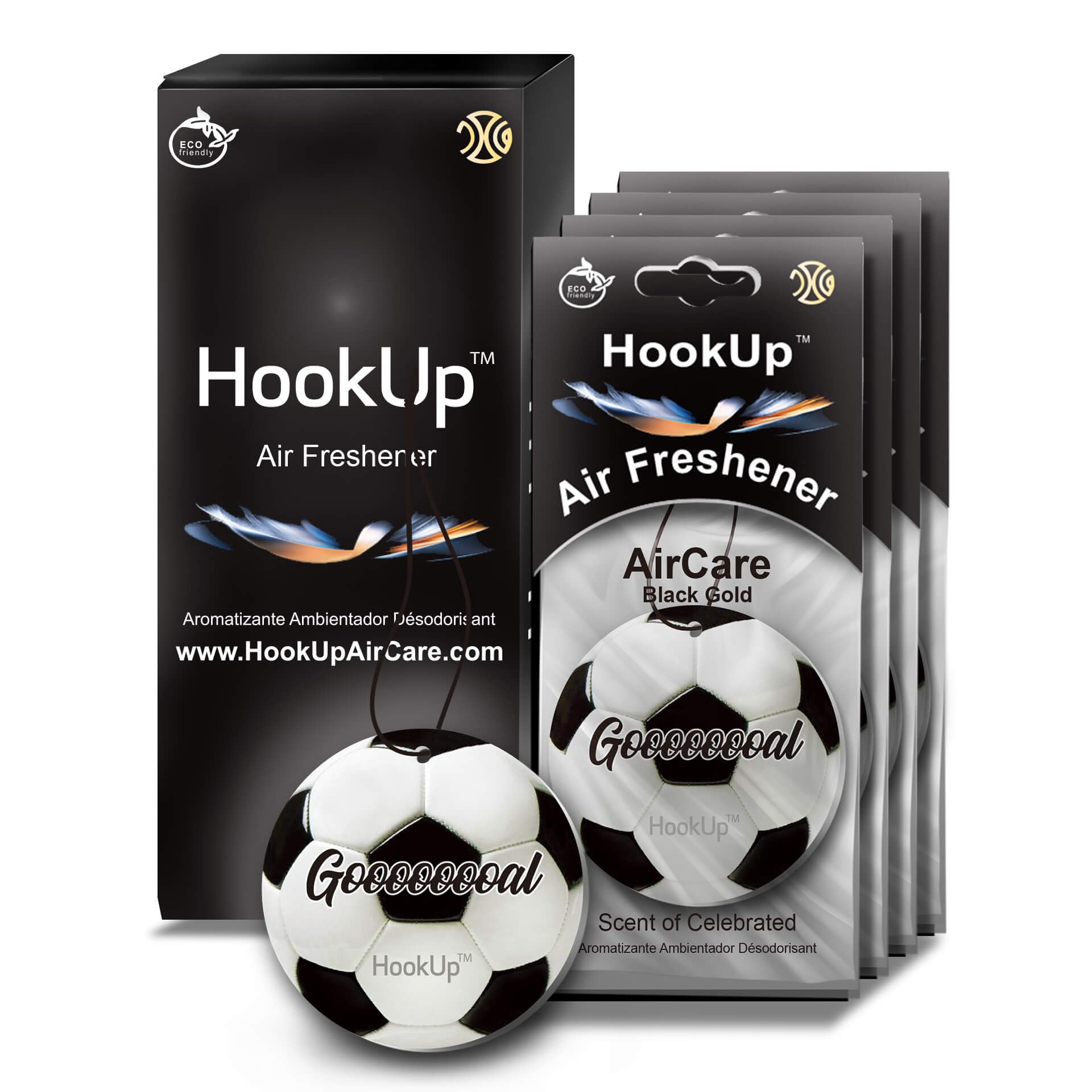 Soccer Car Air Freshener by HookUp - 4 Pack - Black Gold Scent (Extra Strong) | Unique Soccer Gift for Players, Coach, Fans | Ha