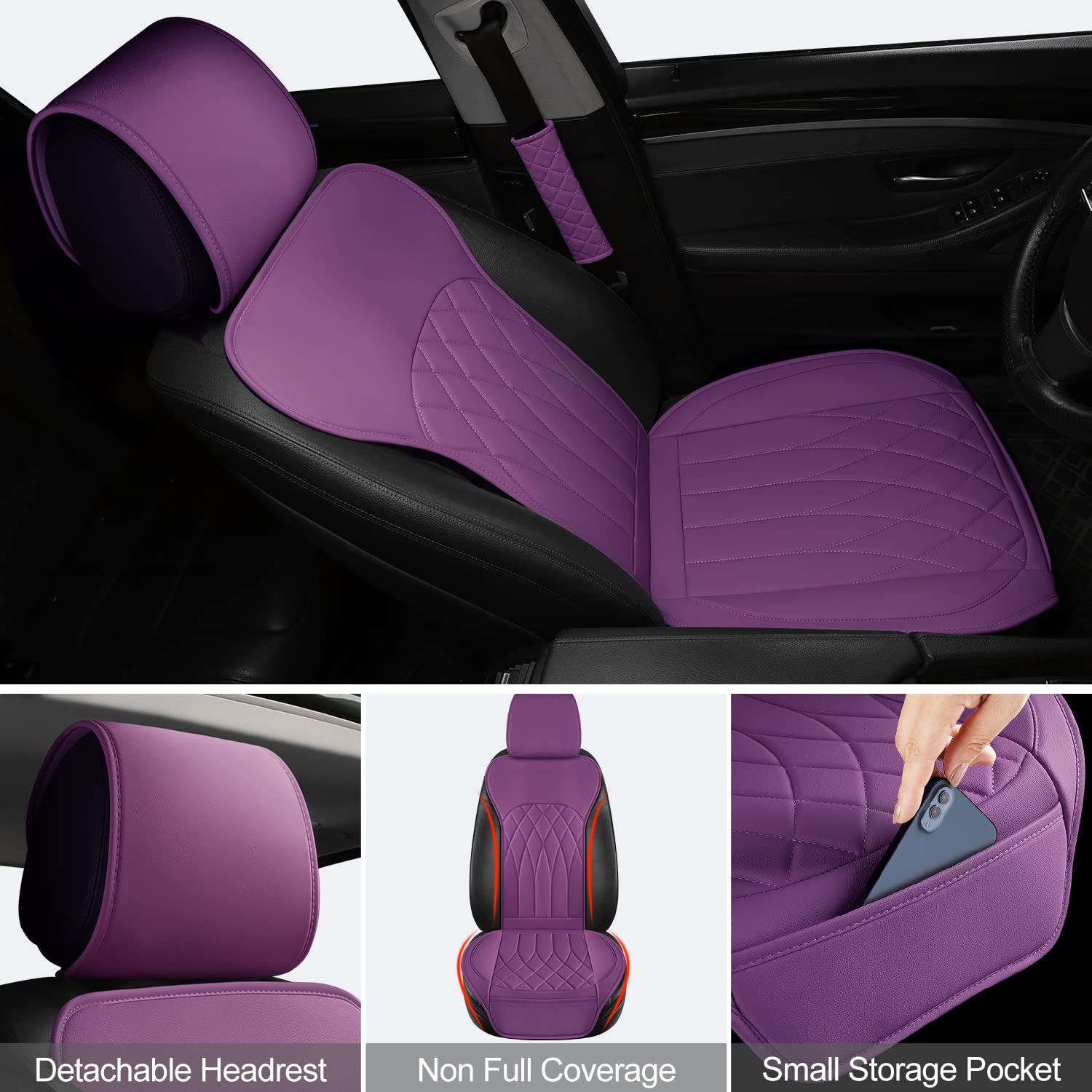 Beitk 2 Pack Leather Front Car Seat Covers, Universal Sideless Car Seat Protectors With Storage Pocket And Seat Belt Pads, Water