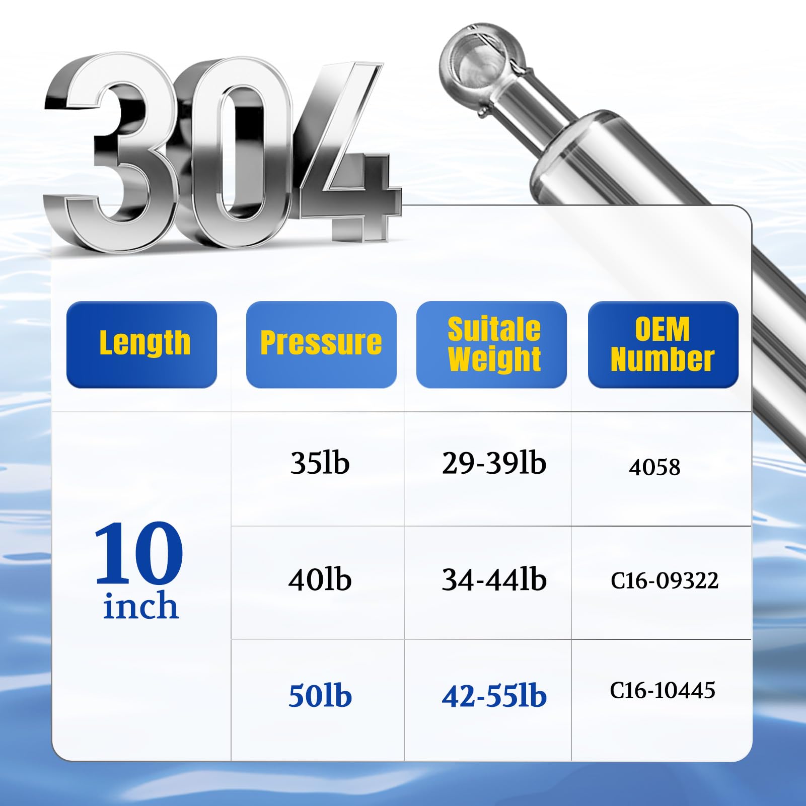ARANA 10" Marine Stainless Steel Gas Struts - 40lb Lift Support for Boat Hatches, Tool Boxes, and Cabinets - Model C16-09322, Silver (2 Pcs)