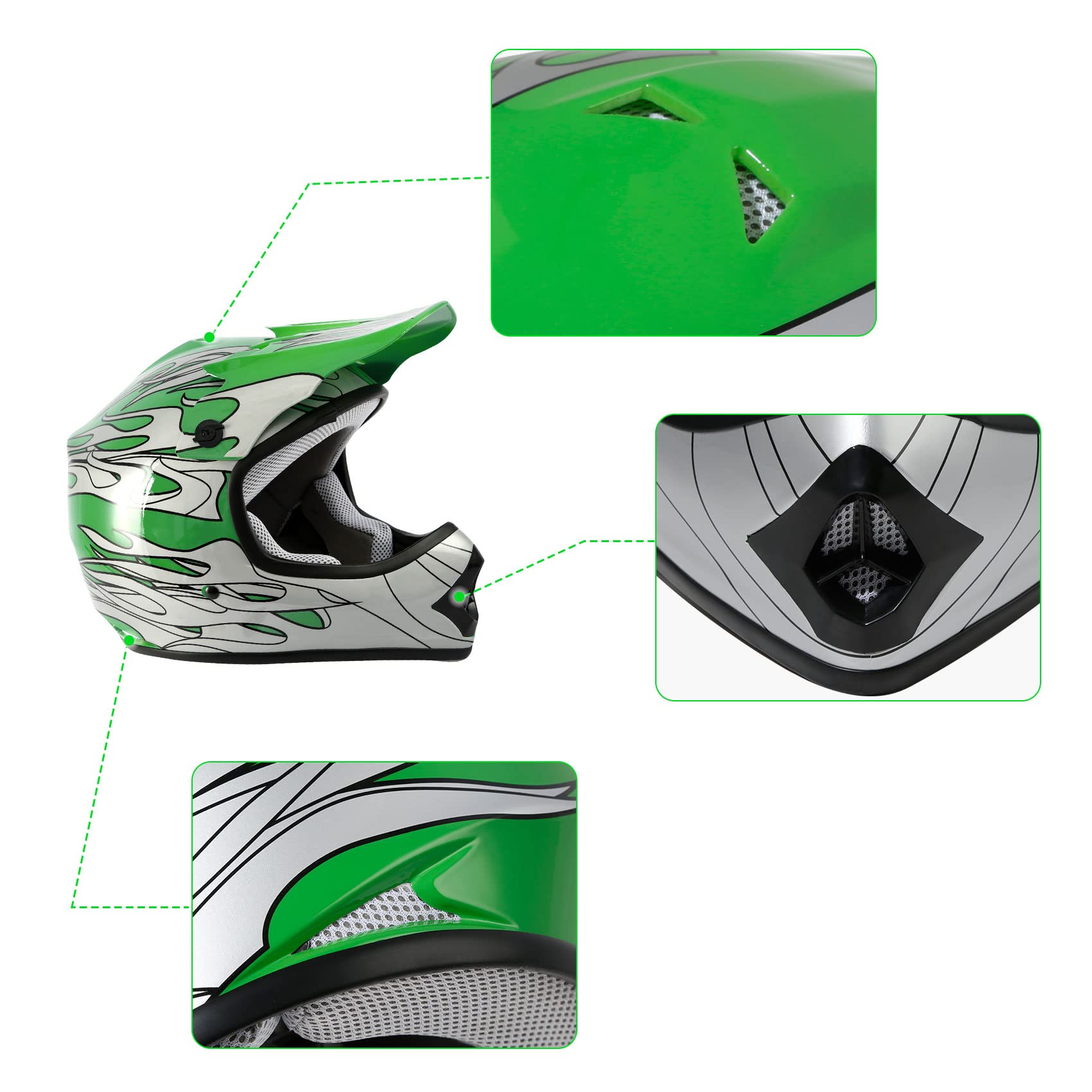 Slmoto Dot Youth Kids Helmet Motocross Offroad Street Helmet Motorcycle Helmet Dirt Bike Motocross Atv Green Flame Design Helmet