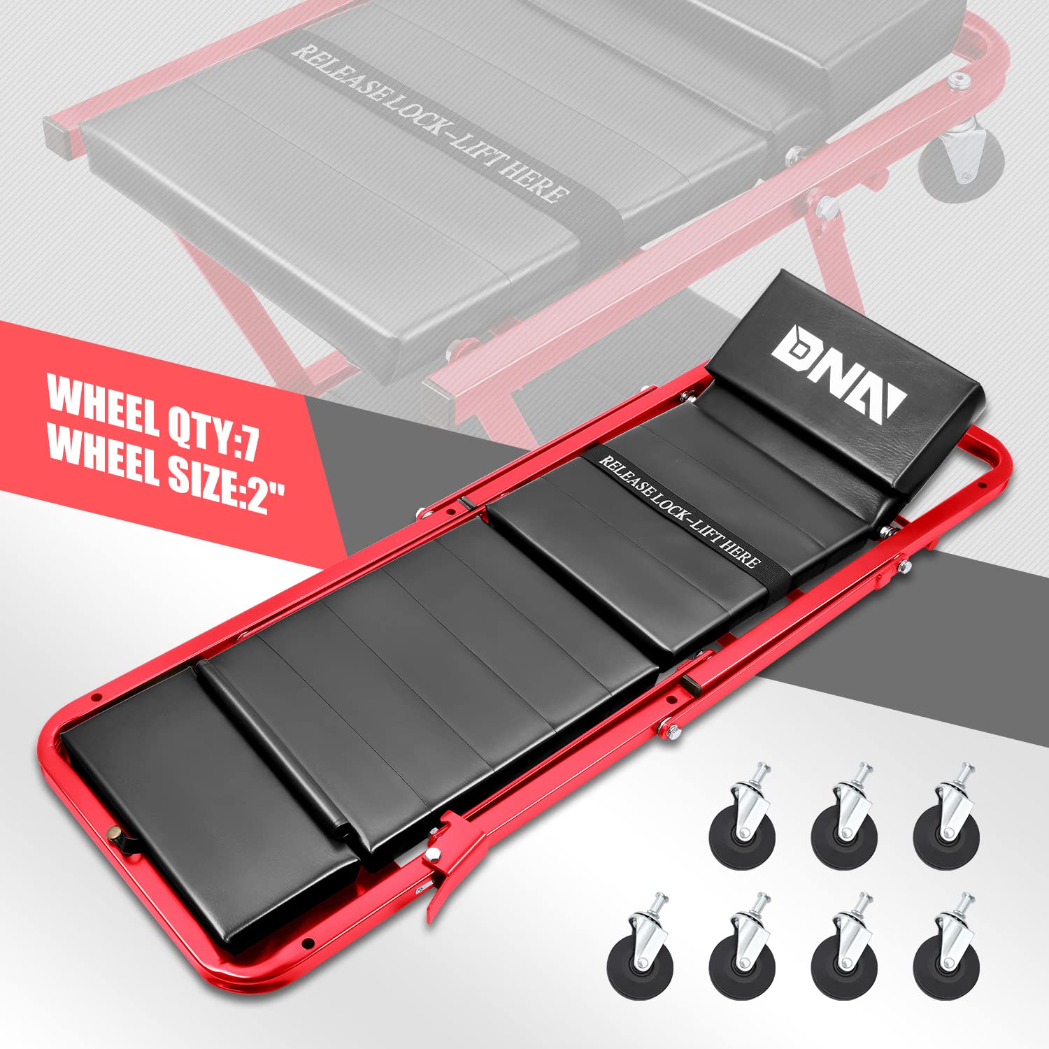Dna Motoring Tools-00193 48'' 2 In 1 Folding Rolling Garage Shop Creeper Roller Seat, 7 Pcs 2'' Casters, 350 Lbs Weight Capacity