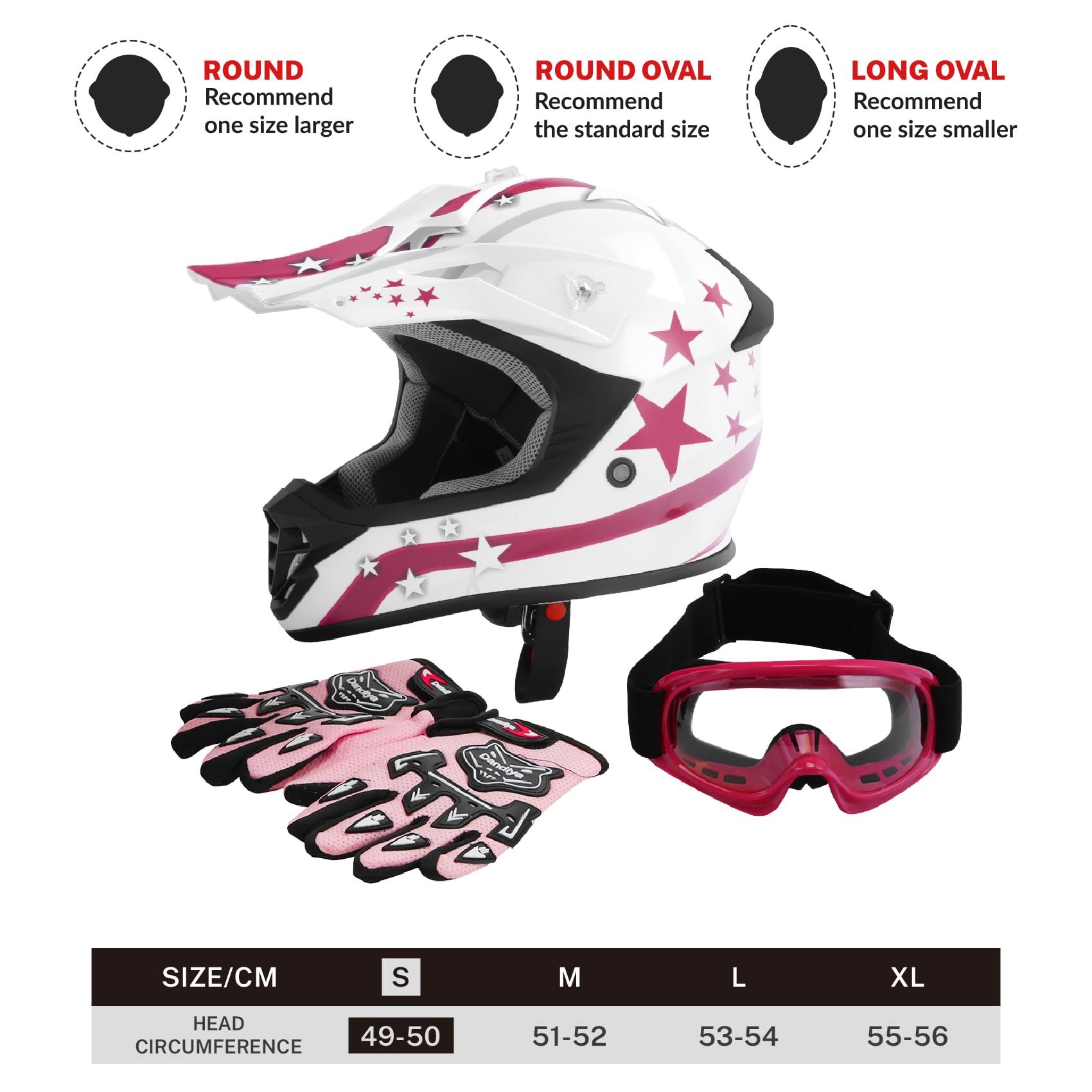 TCT-MOTORPARTS Youth Full Face Helmet, Small, Pink Star, ABS Material, Includes Gloves & Goggles, ATV Motocross Offroad