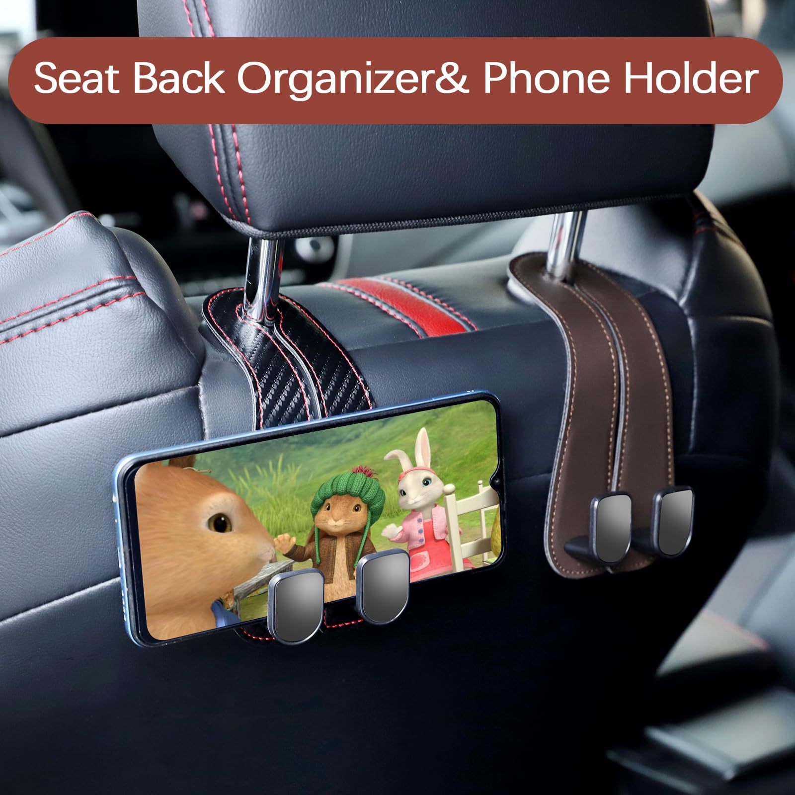 2025 Automotive Seat Back Hooks,Leather Car Seat Hooks,Dual Headrest Organizer Hangers for Purses, Bags & Phones, 2 in 1 Car Hea
