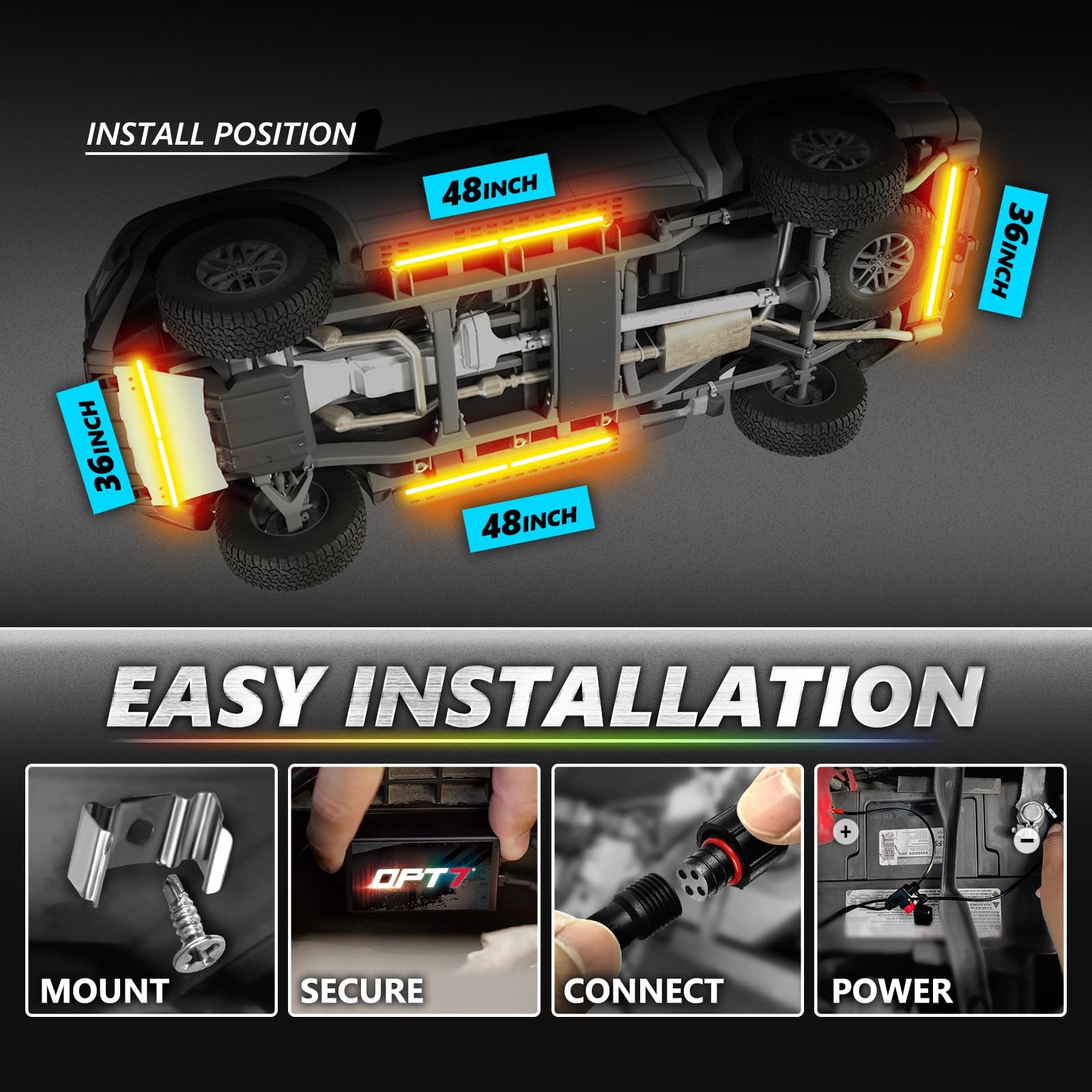 OPT7 Aura Pro Underglow LED Lights Kit for Truck - RGB, Waterproof Aluminum, 8PC, App & Remote Control