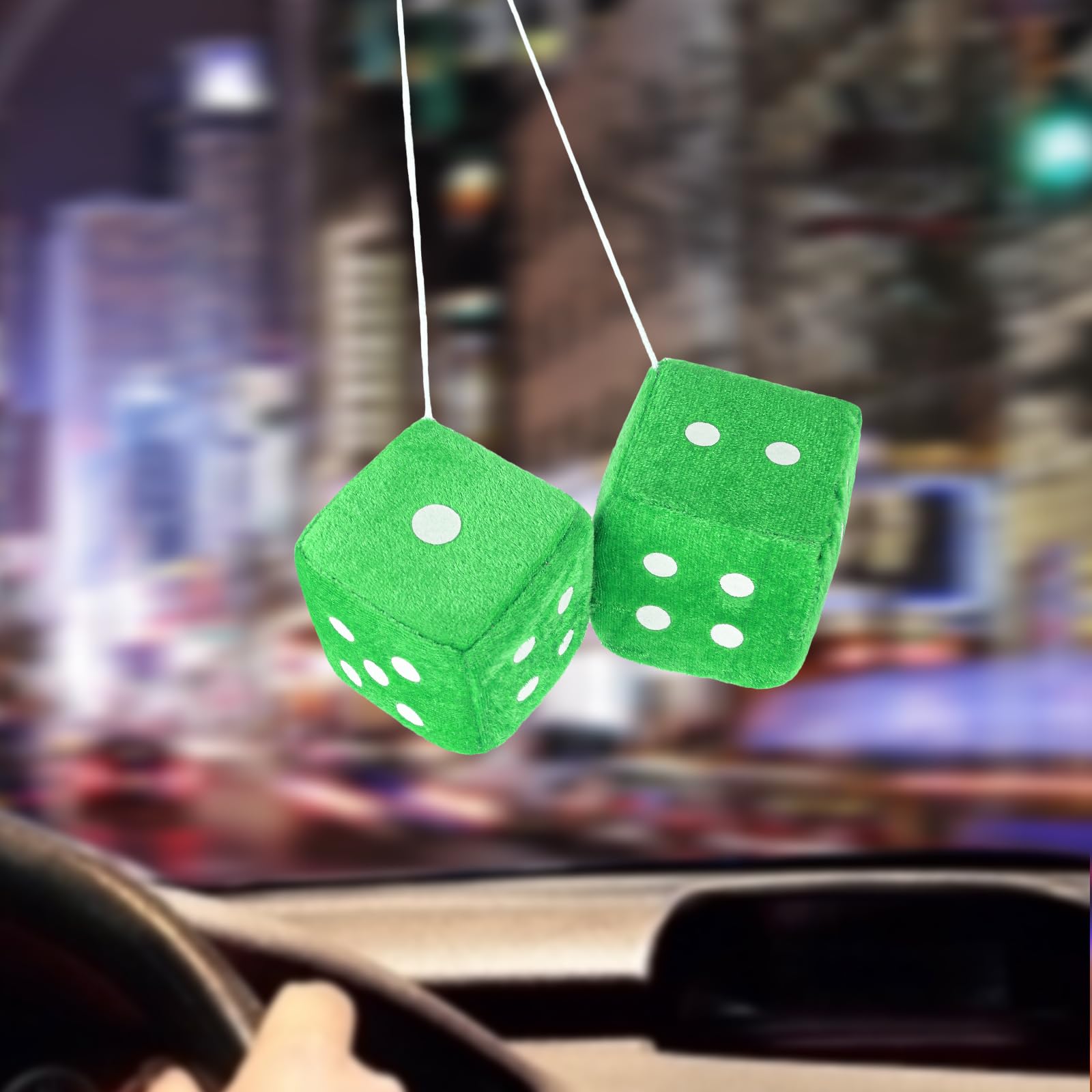 DIVINA VITAE Fuzzy Dice for Car Mirror, Green Plush 2.75" Retro Hanging Ornament, Model 547271_6_fSQai8TKJ