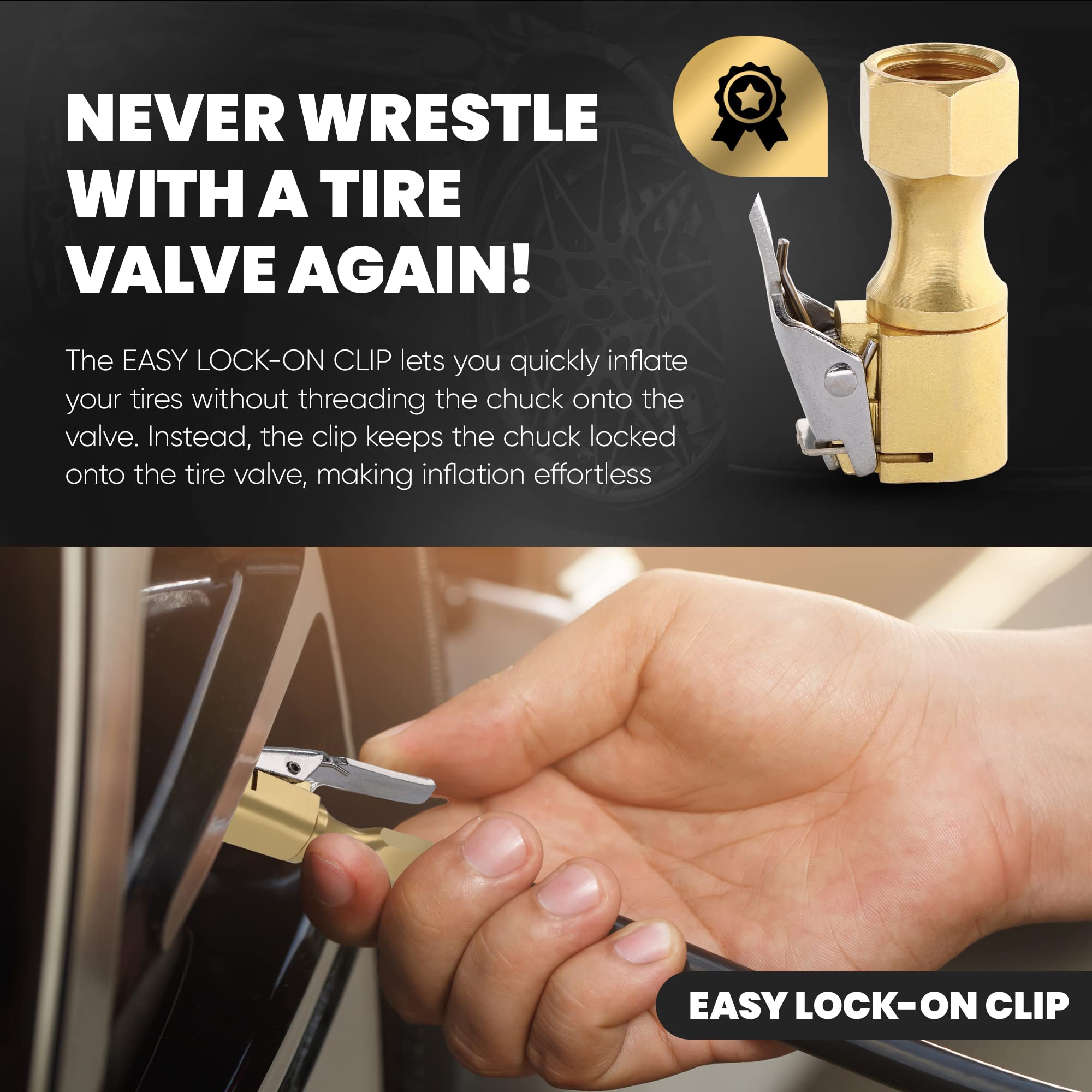 Air Chuck, Closed Flow Heavy-Duty Locking Tire Air Chuck, With Quick Connect, Solid Brass, 1/4 Inch Female Npt Thread, 250 Psi, Fits Most Air Hose, Air Inflators, - 2 In A Pack