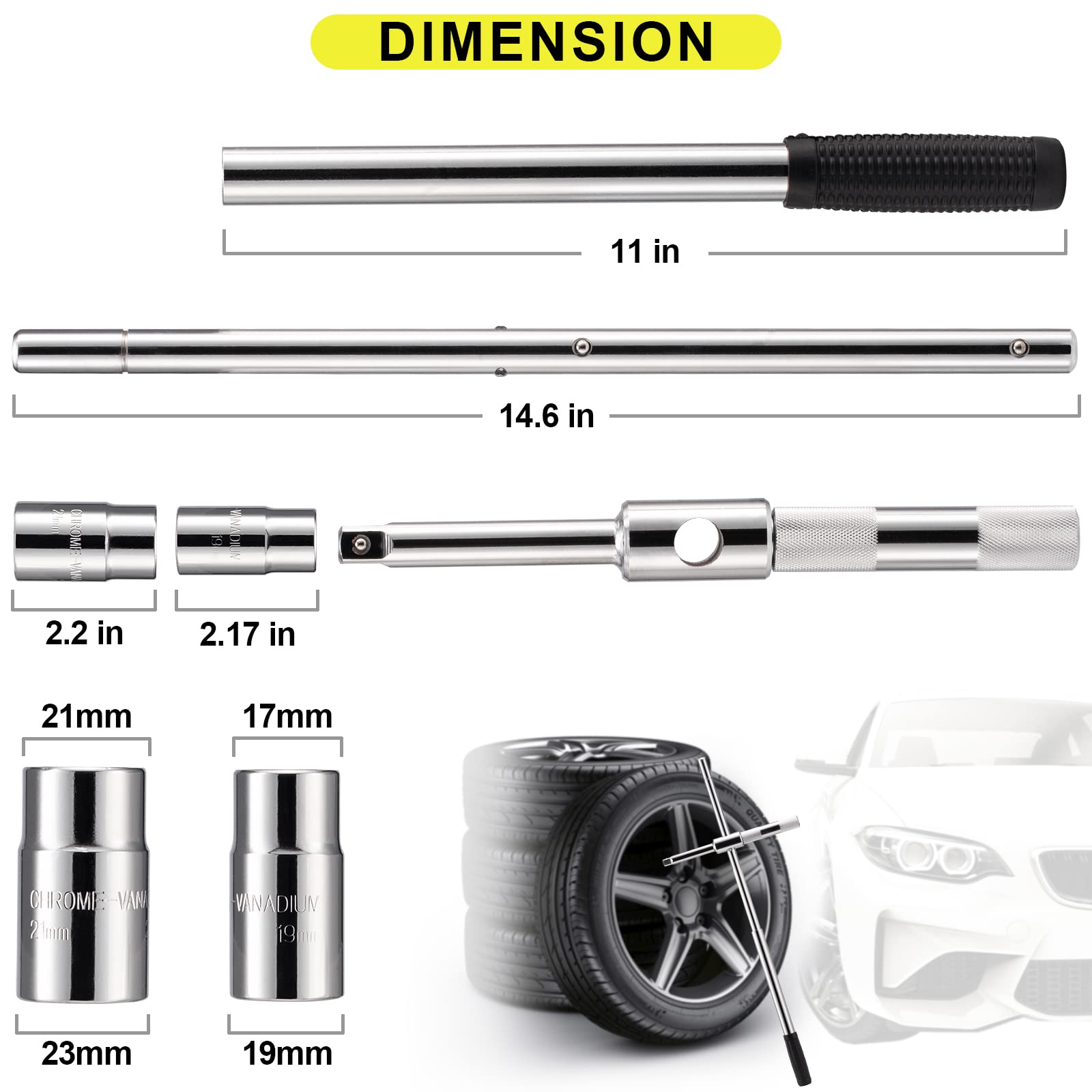 Spurtar Extended Lug Wrench Lug Nut Wrench, 4 Way Lug Wrench Tire Iron Lug Wrench, Lug Nut Remover 1/2 Drive With 17/19Mm And 21