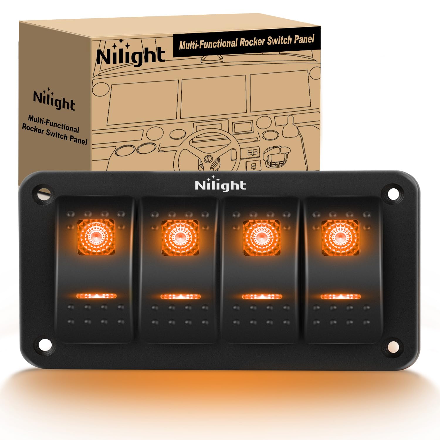 Nilight 4 Gang Rocker Switch Panel With Orange Led Light 5 Pin On Off Pre-Wired Rocker Switch Aluminum Panel Toggle Switch Panel