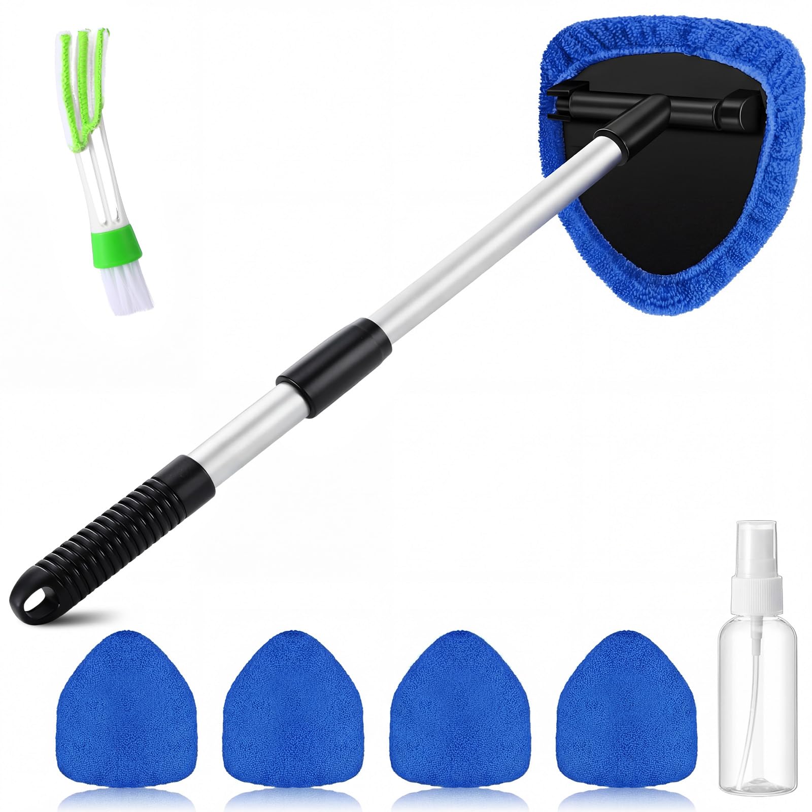 FoldTier 8 Pcs Car Windshield Cleaner Kits with Extendable Handle, 5 Microfiber Towel Pads, 1 Brush, 1 Empty Spray Bottle for Au
