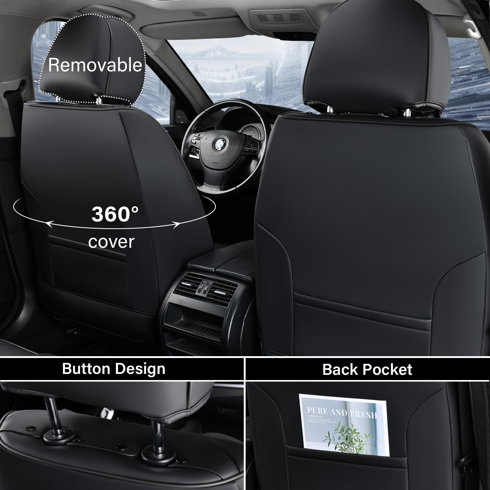 Coverado Car Seat Covers Front Seats, 2 Piece Car Seat Protector With Lumbar Support & Removable Headrest, Breathable Leather Se