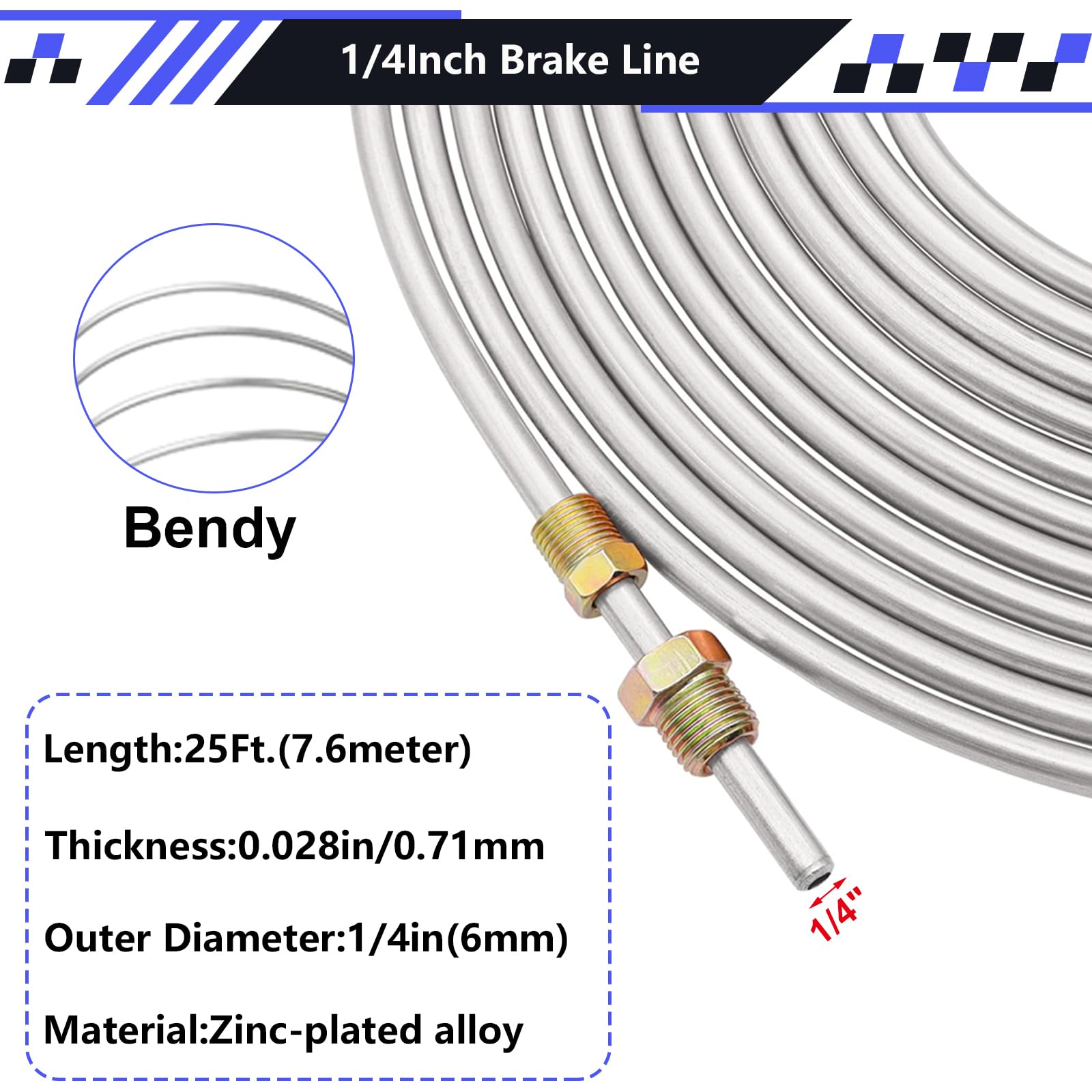 smseace 2Sets 25Ft. 1/4 '' Brake Line Tubing Kit with Brake Line Fittings(Includes 32pcs Fittings and 4pcs Unions+8pcs Nuts) Zin