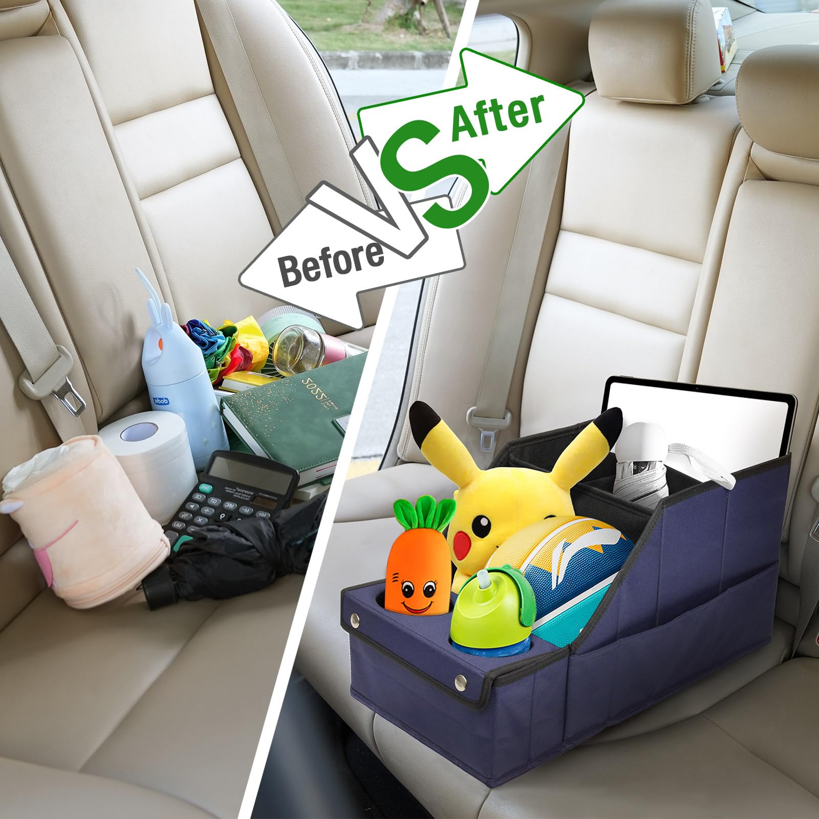 MULISOFT Car Seat Organizer - L-Shape, Polyester, Blue, 11 Storage Compartments & 2 Cup Holders, Model YXTO0001