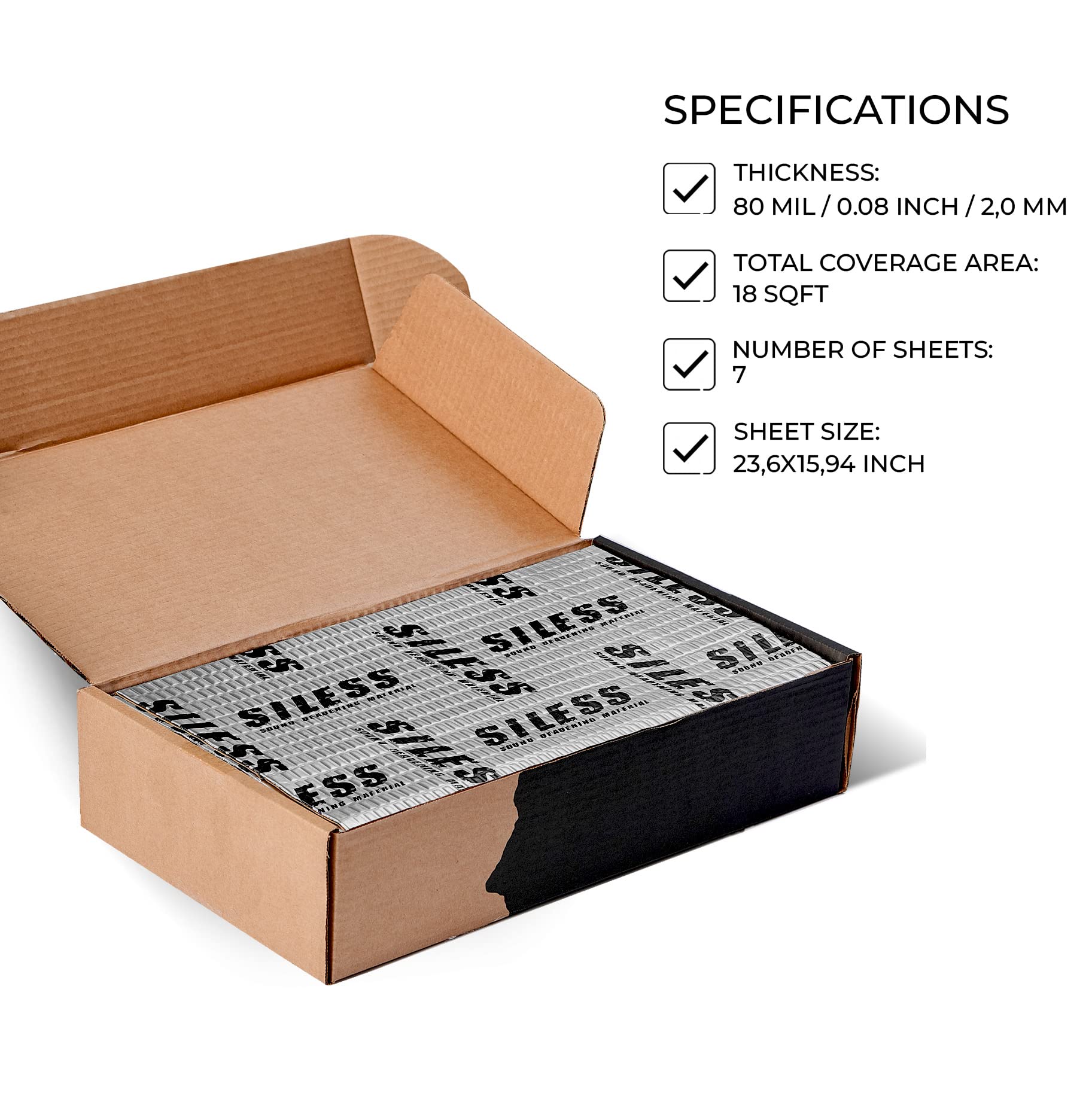Siless 80 Mil (2Mm) 18 Sqft (1.7 Sqm) Car Sound Deadening Mat - Butyl Automotive Sound Deadener - Noise Insulation And Vibration