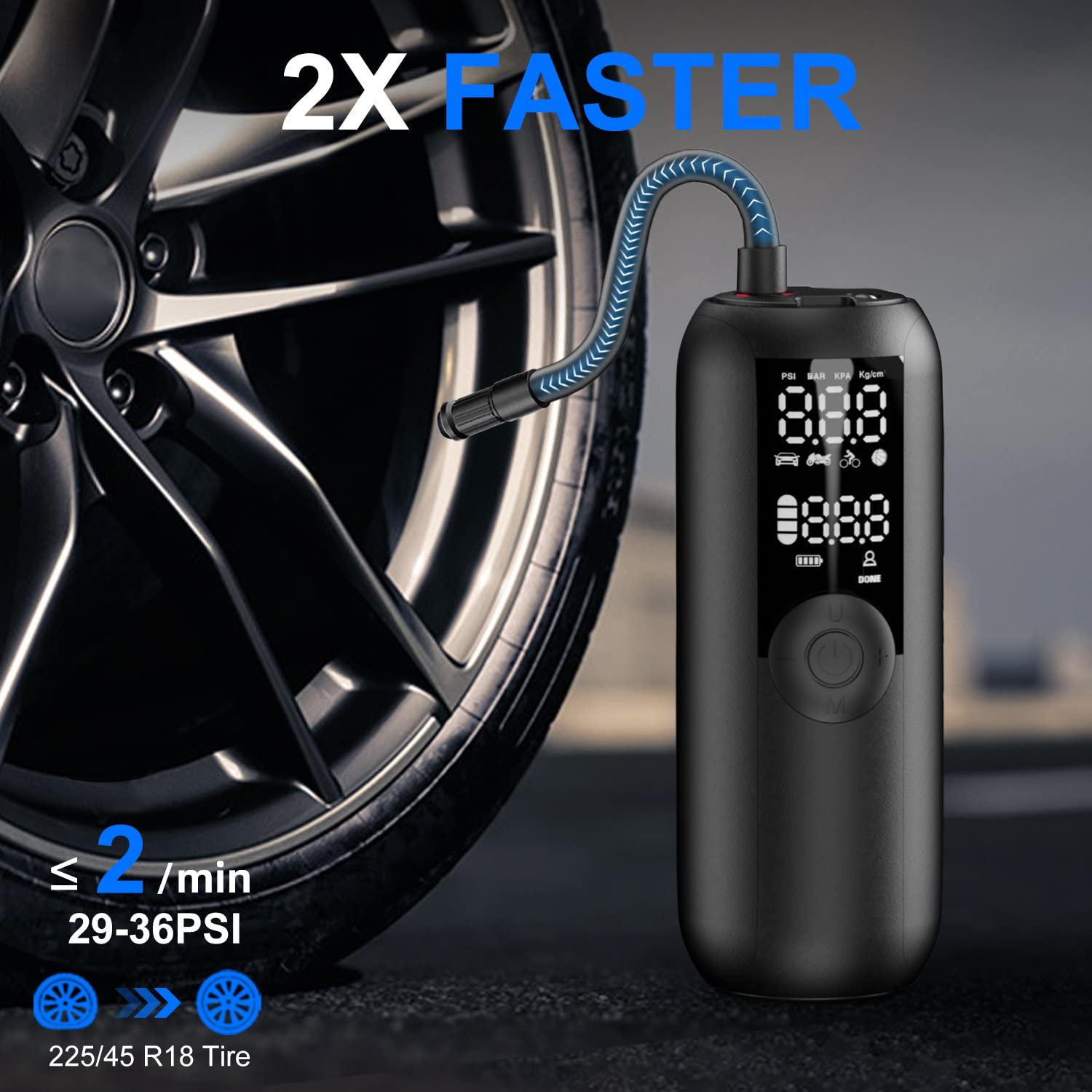 Woowind LP1 Bike Pump - Portable Air Compressor, Max 150 PSI, Auto Shut-Off, Black, with Presta/Schrader/Dunlop Valves