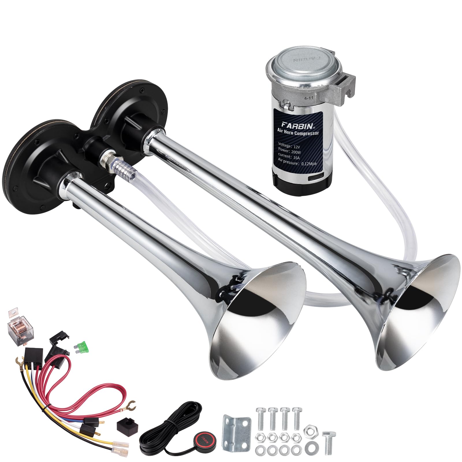 Farbin Car Horn 12V 150Db Super Loud Air Horn, Chrome Zinc Dual Trumpet Air Horns, Truck Horn With Compressor Wire Harness And B