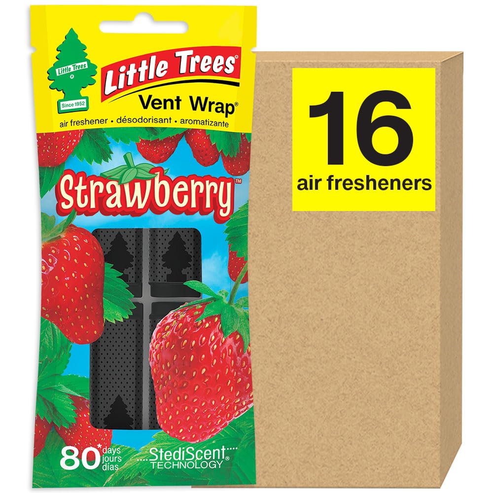 Little Trees Car Air Freshener. Vent Wrap Provides Long-Lasting Scent, Slip On Vent Blade. Strawberry, 16 Air Fresheners, 4 Coun